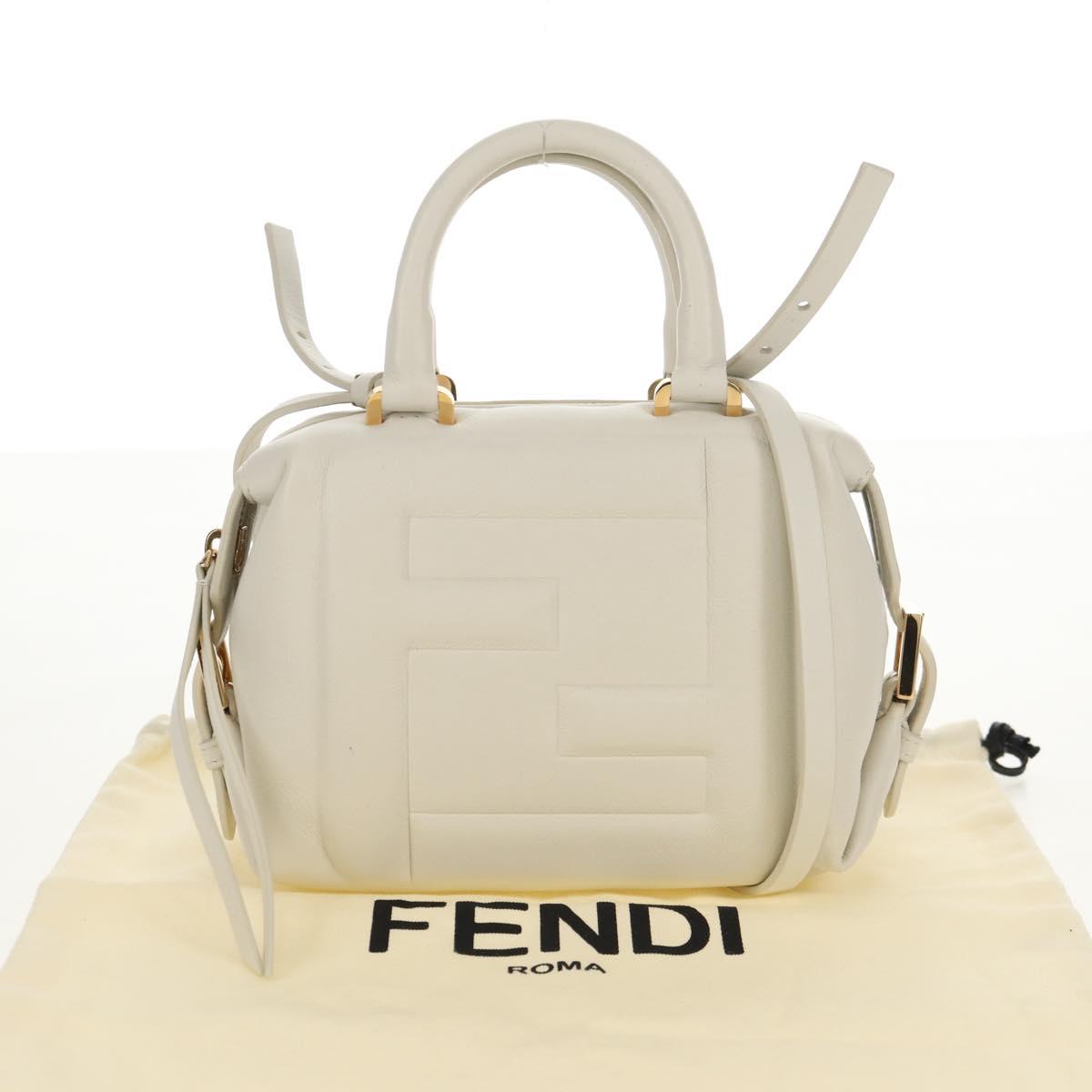 FENDI Hand Bag Leather 2way White Gold Auth 134353SAM