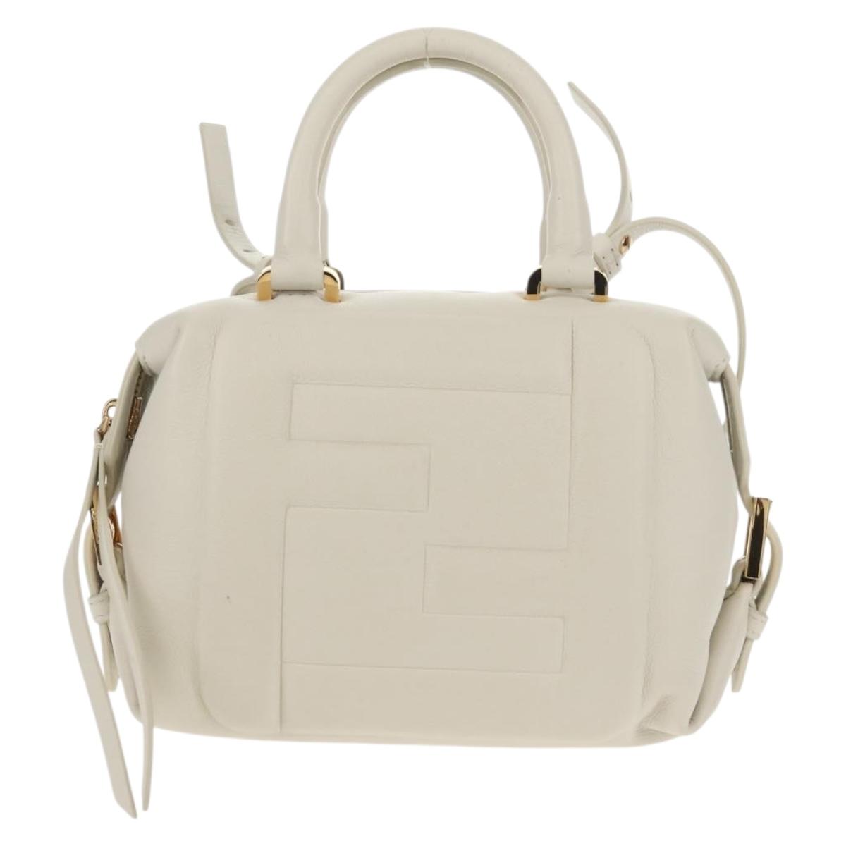 FENDI Hand Bag Leather 2way White Gold Auth 134353AM