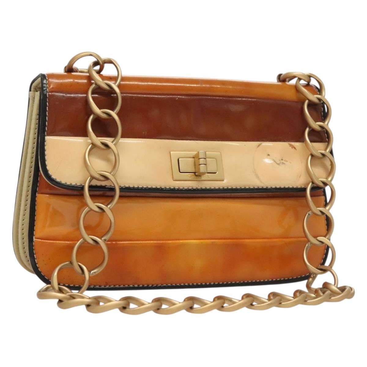 CHANEL Chain Shoulder Bag Enamel Gold Brown CC Auth 134433