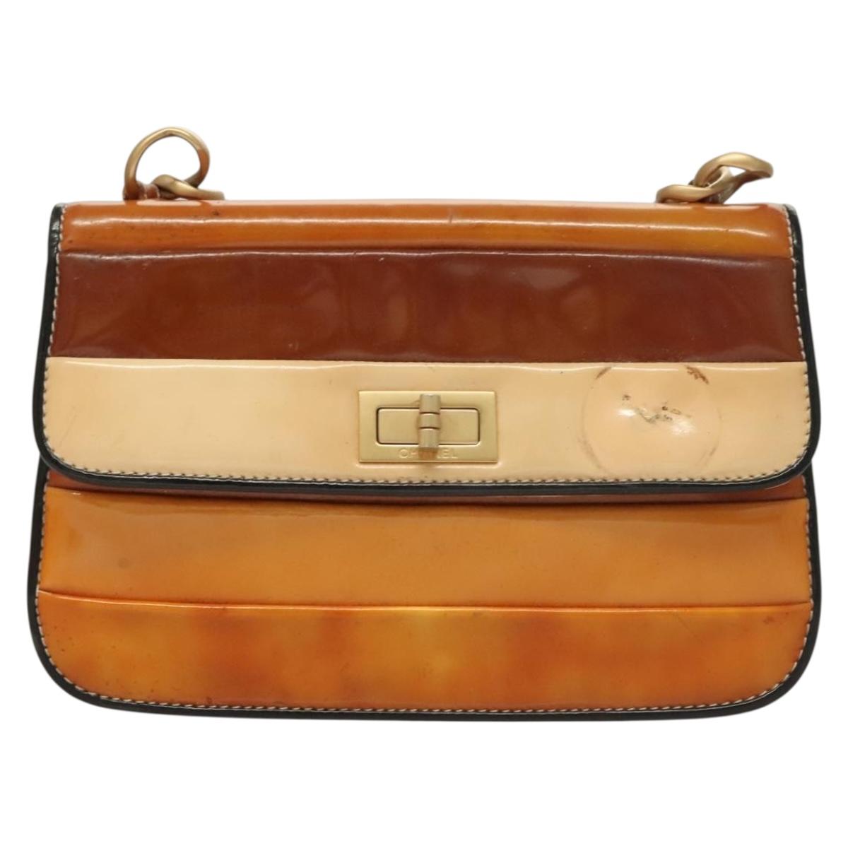CHANEL Chain Shoulder Bag Enamel Gold Brown CC Auth 134433