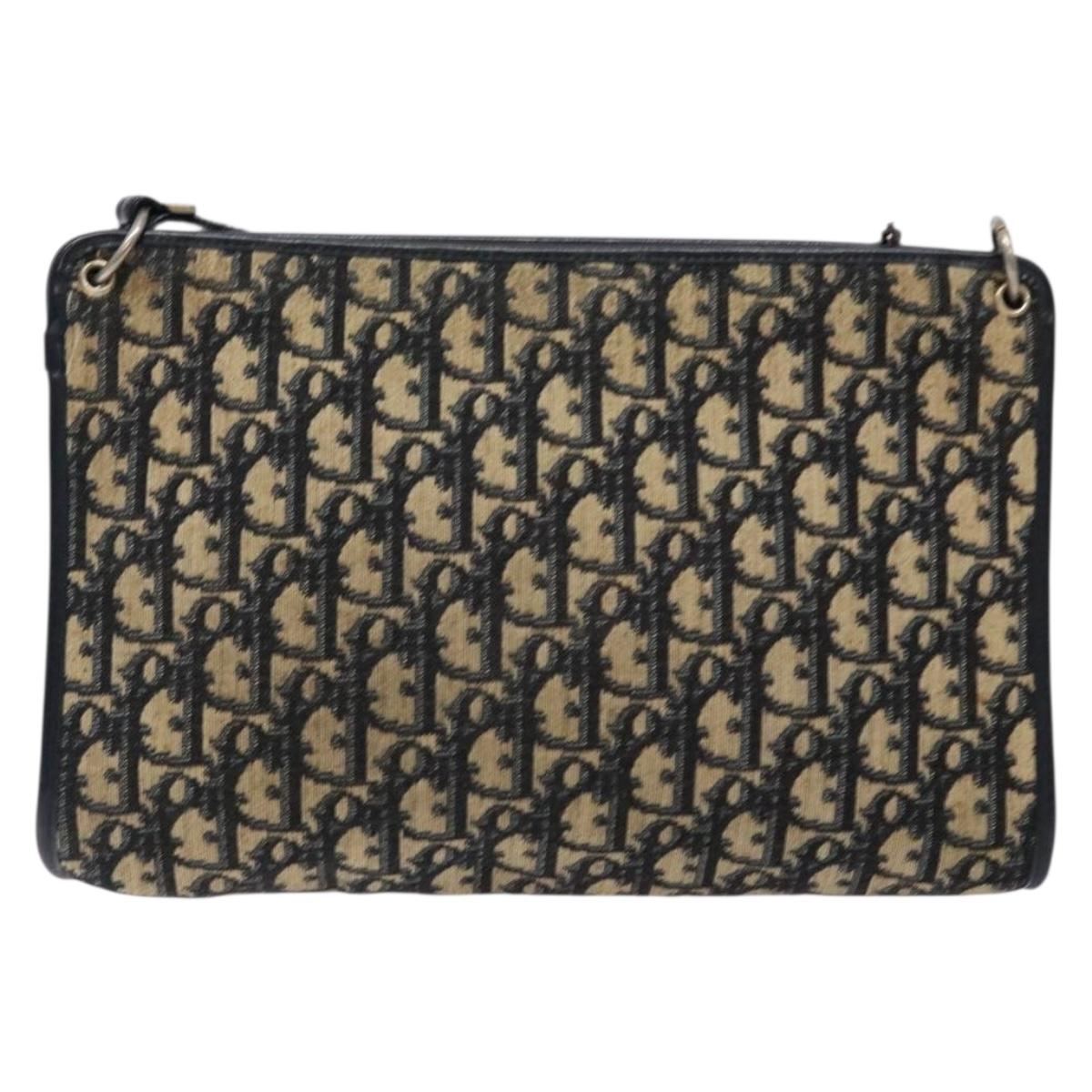 Christian Dior Trotter Canvas Shoulder Bag Navy Gold Auth 134568
