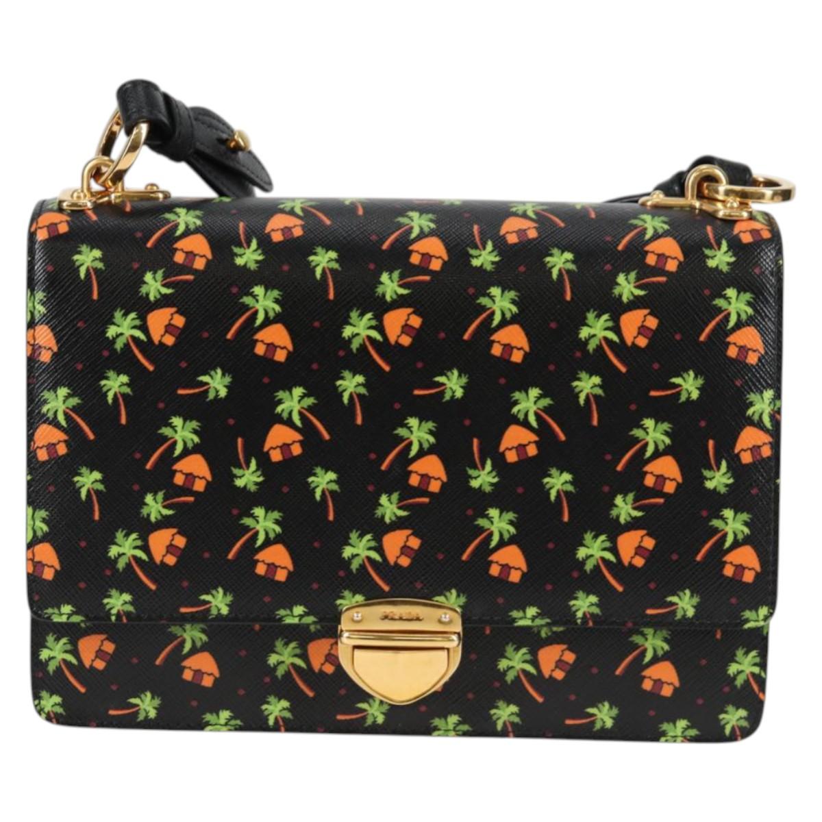 PRADA Shoulder Bag Leather Black Gold Auth 134572V