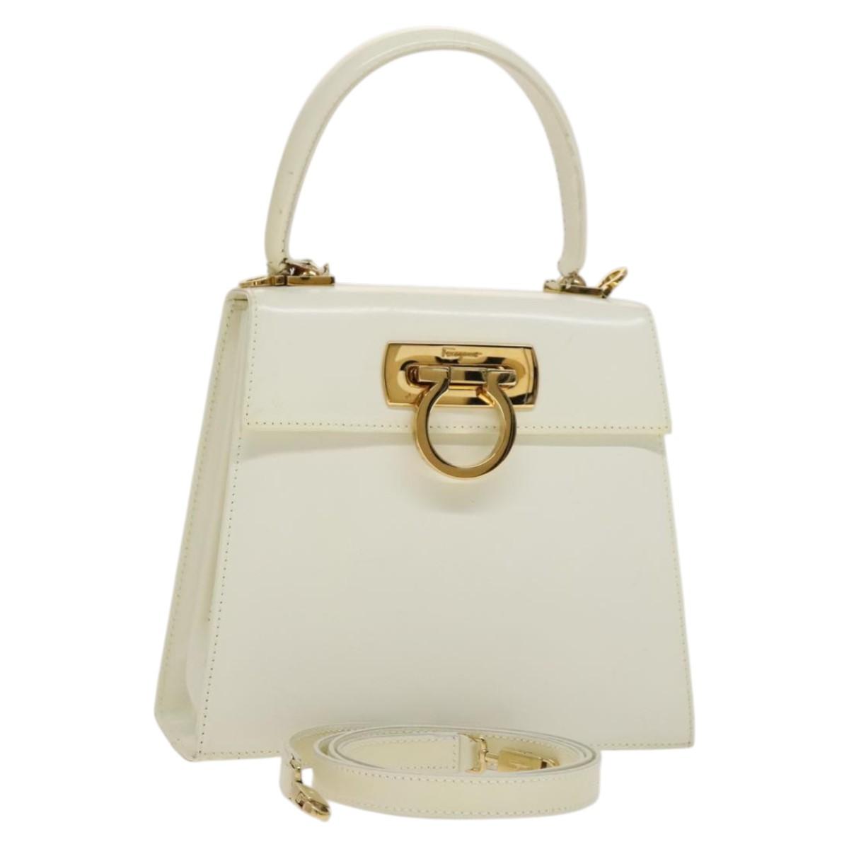 Salvatore Ferragamo Gancini Hand Bag Leather 2way White Gold Auth 134575