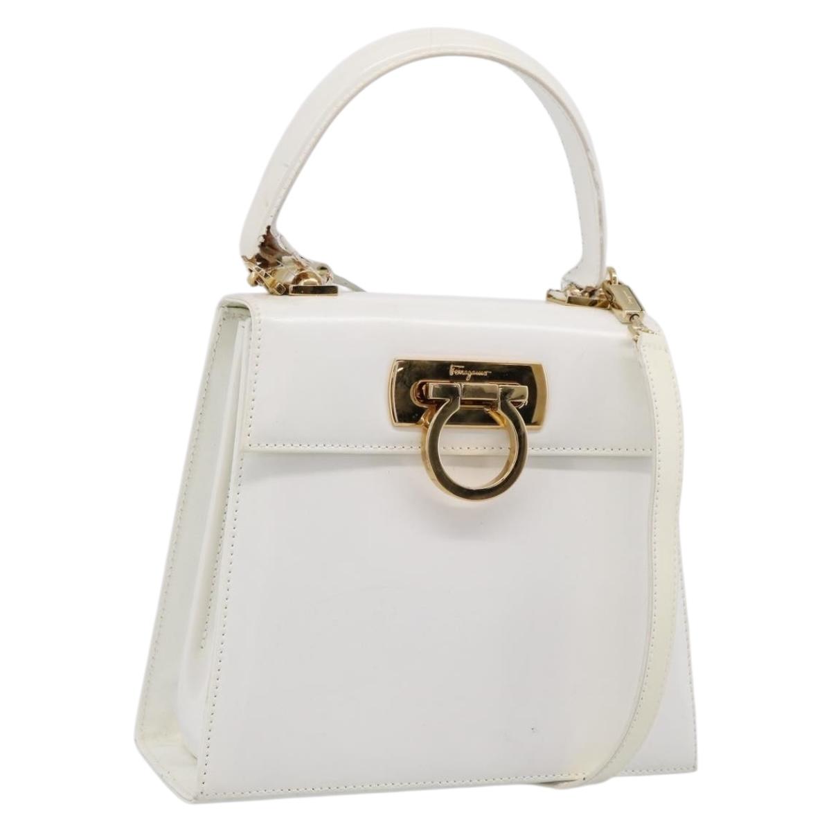Salvatore Ferragamo Gancini Hand Bag Leather 2way White Gold Auth 134575