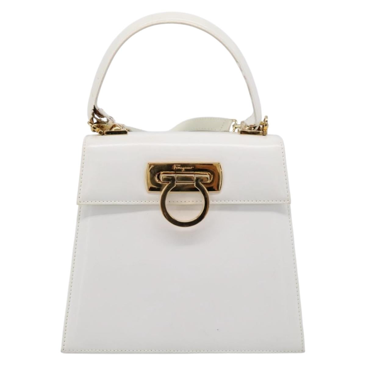 Salvatore Ferragamo Gancini Hand Bag Leather 2way White Gold Auth 134575