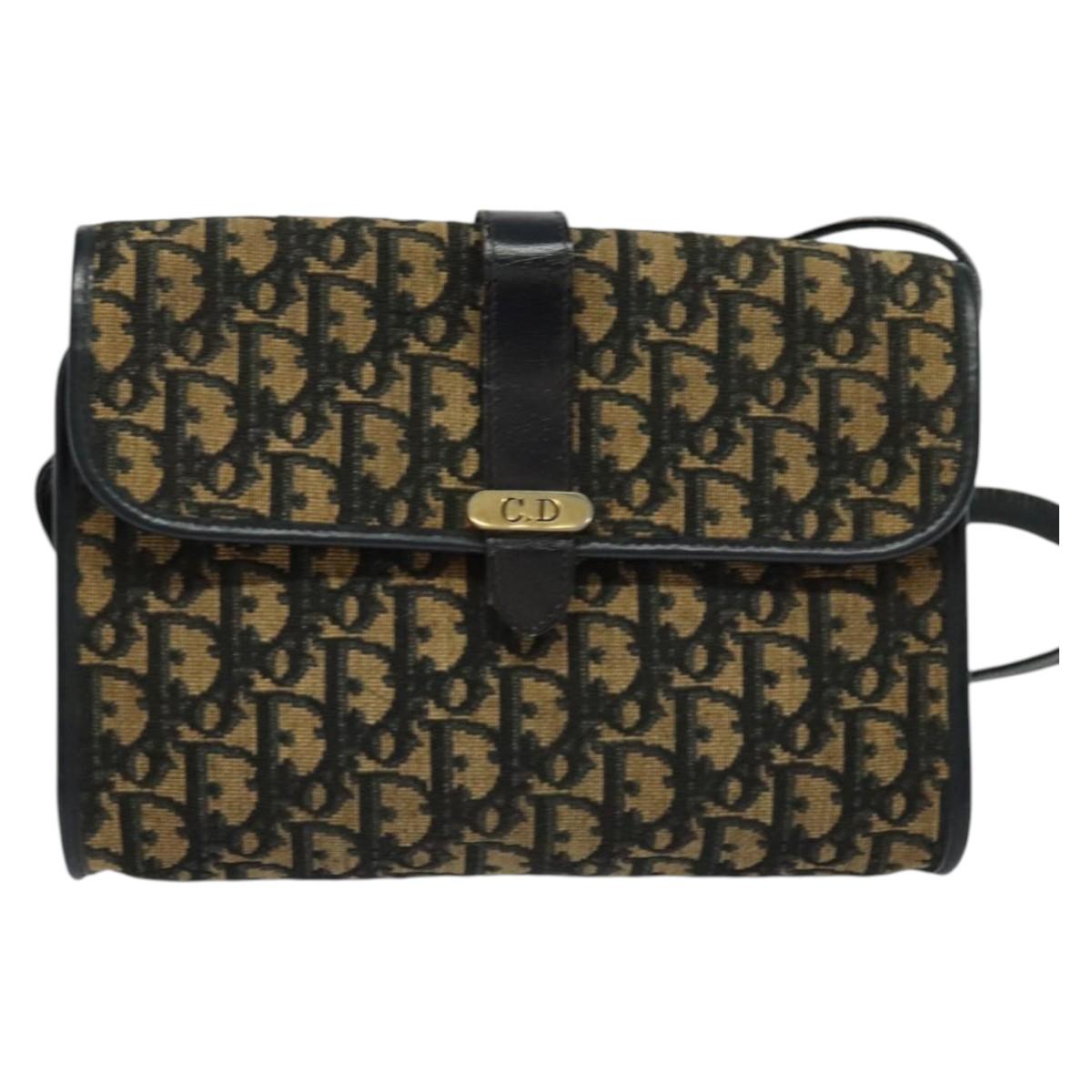 Christian Dior Trotter Canvas Shoulder Bag Navy Gold Auth 134643