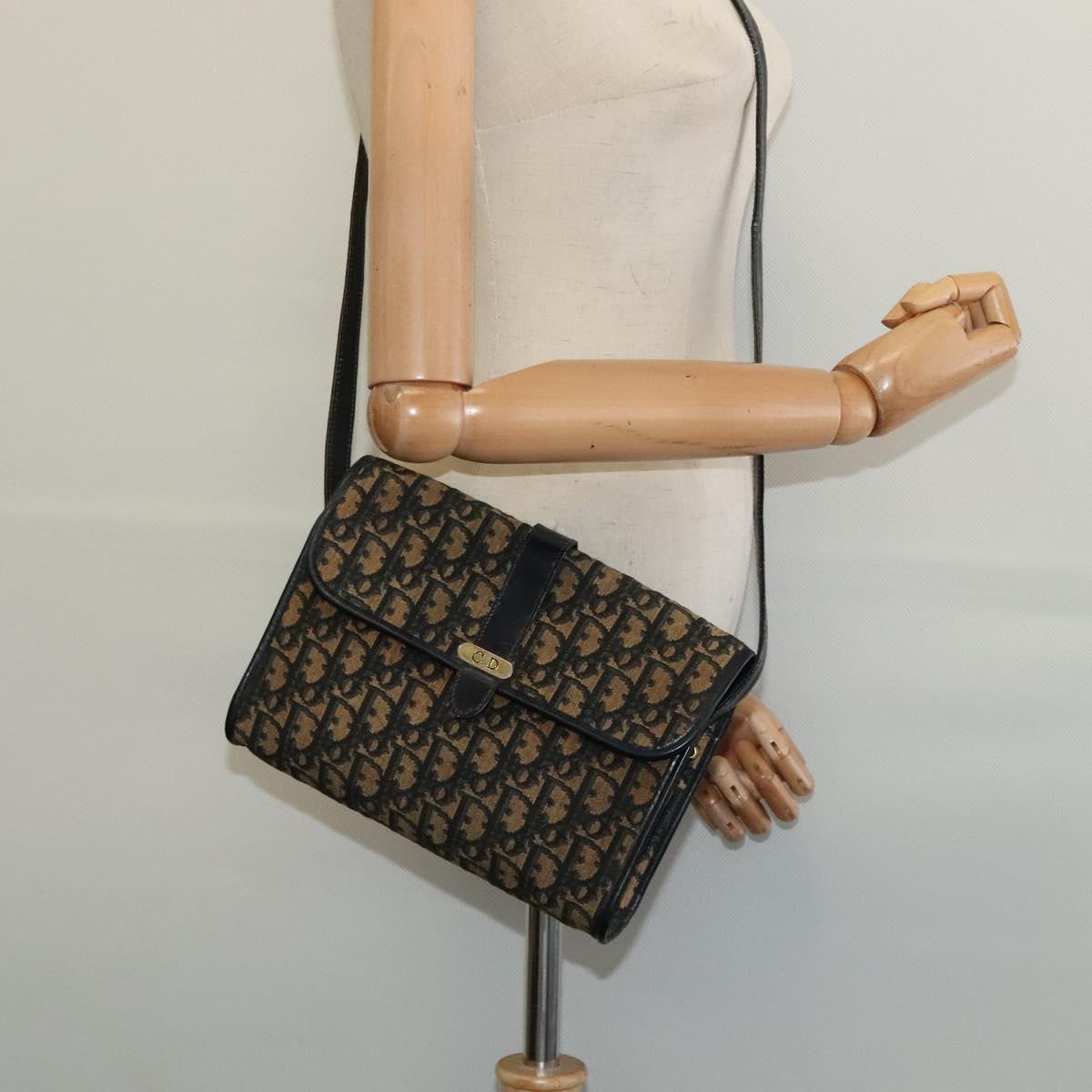 Christian Dior Trotter Canvas Shoulder Bag Navy Gold Auth 134643