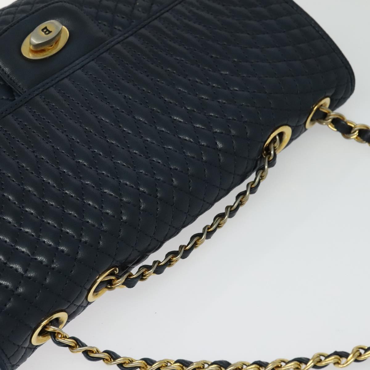 BALLY Chain Shoulder Bag Leather Navy Gold Auth 134645