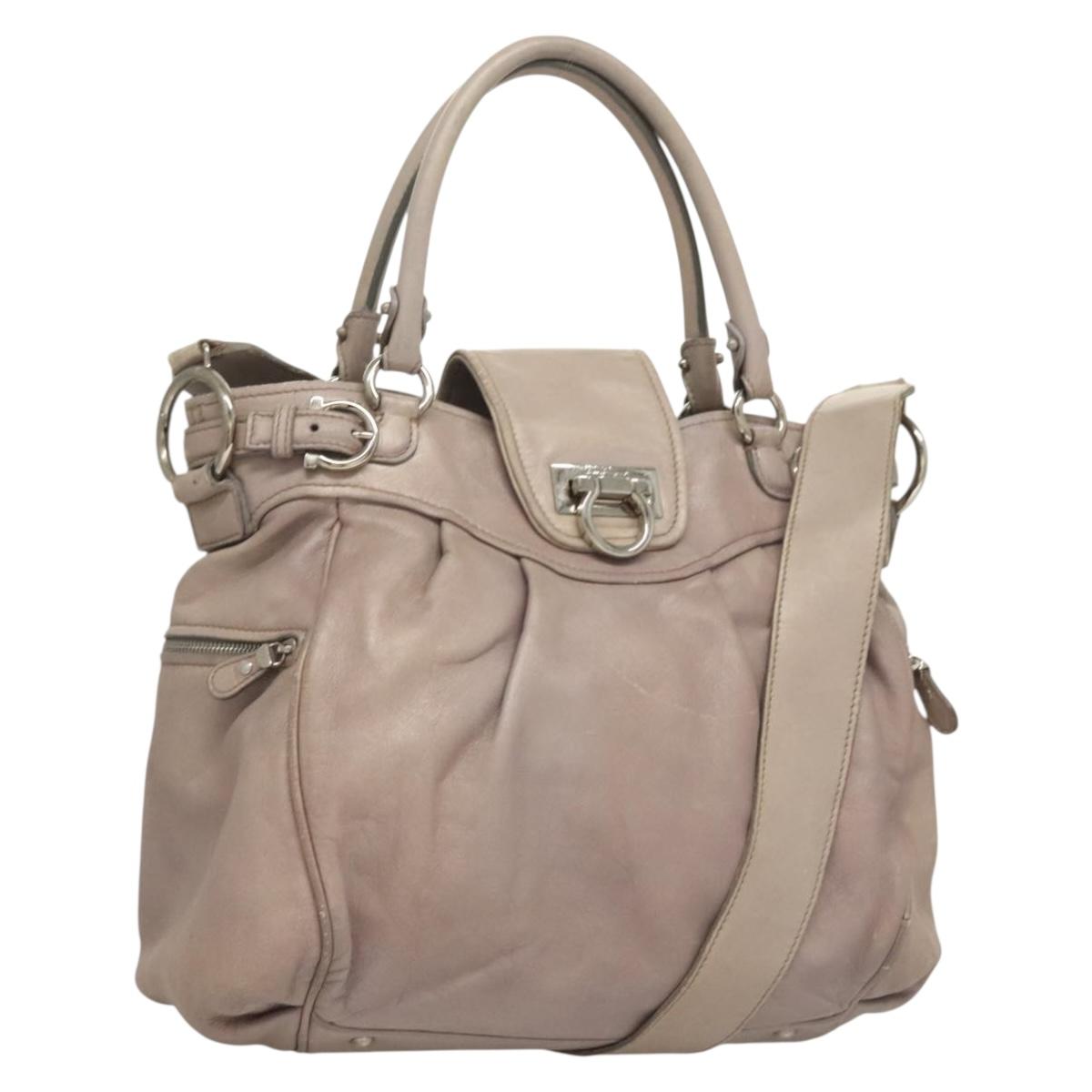 Salvatore Ferragamo Gancini Hand Bag Leather 2way Purple Silver Auth 134695