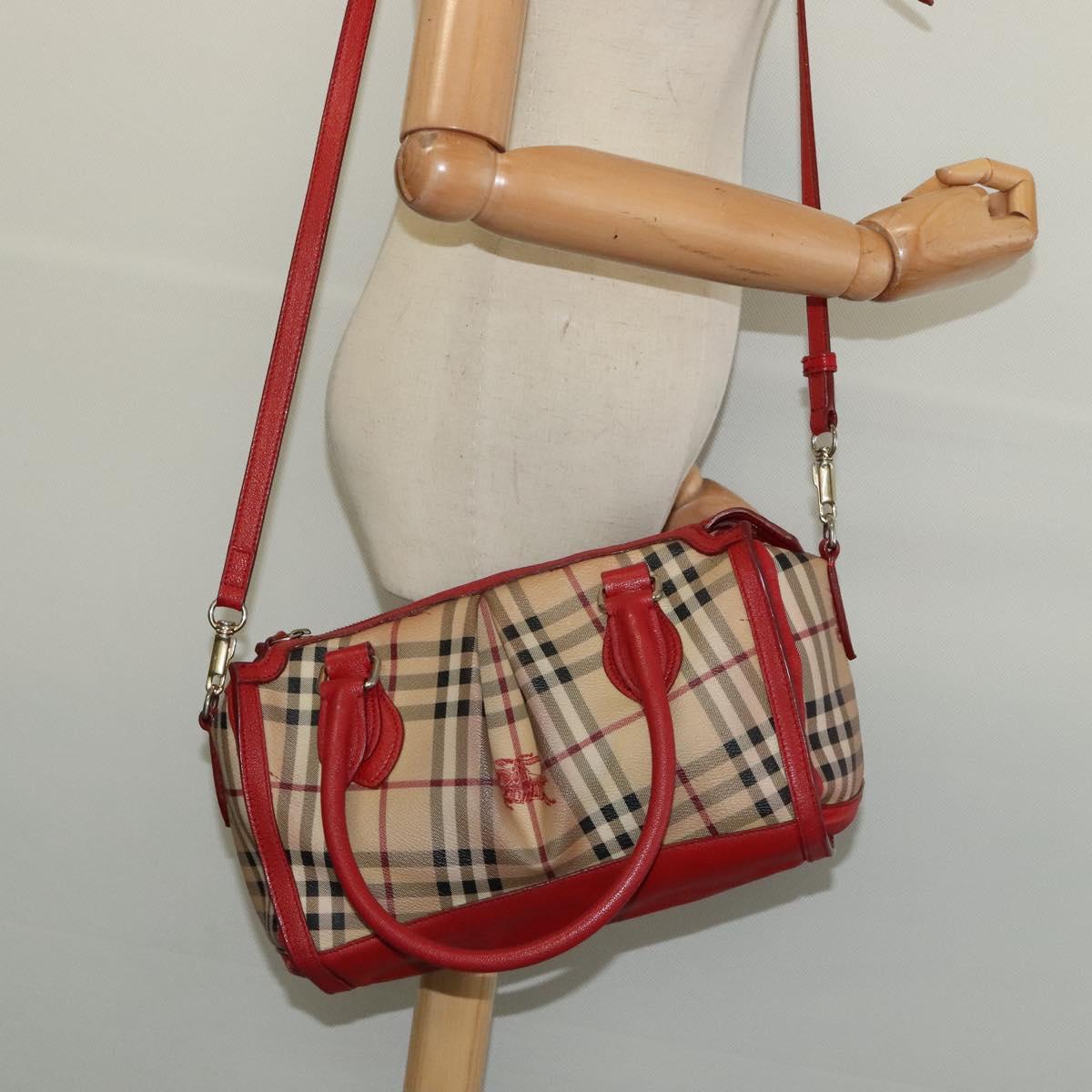 BURBERRY Nova Check Hand Bag PVC 2way Beige Silver Auth 134698