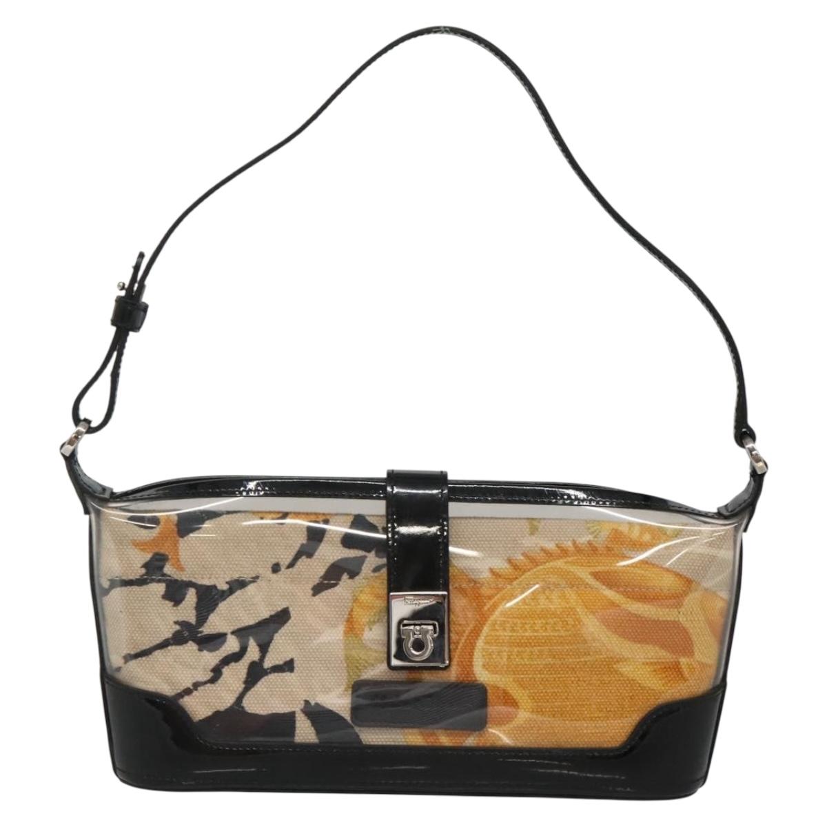 Salvatore Ferragamo Gancini Shoulder Bag Vinyl Black Beige Silver Auth 134739