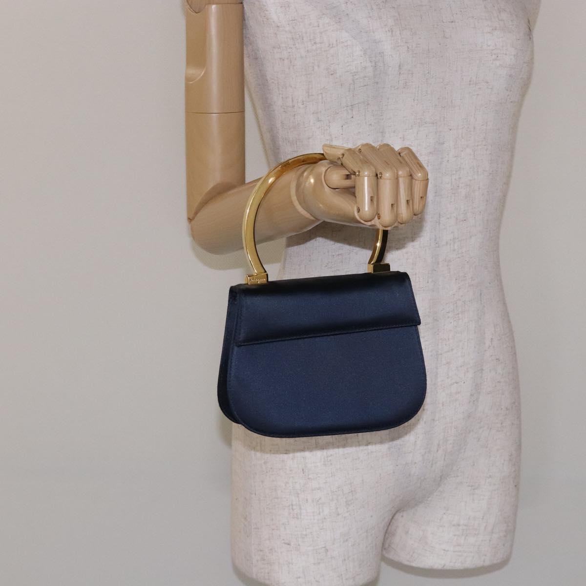 Salvatore Ferragamo Gancini Hand Bag Satin Navy Gold Auth 134768