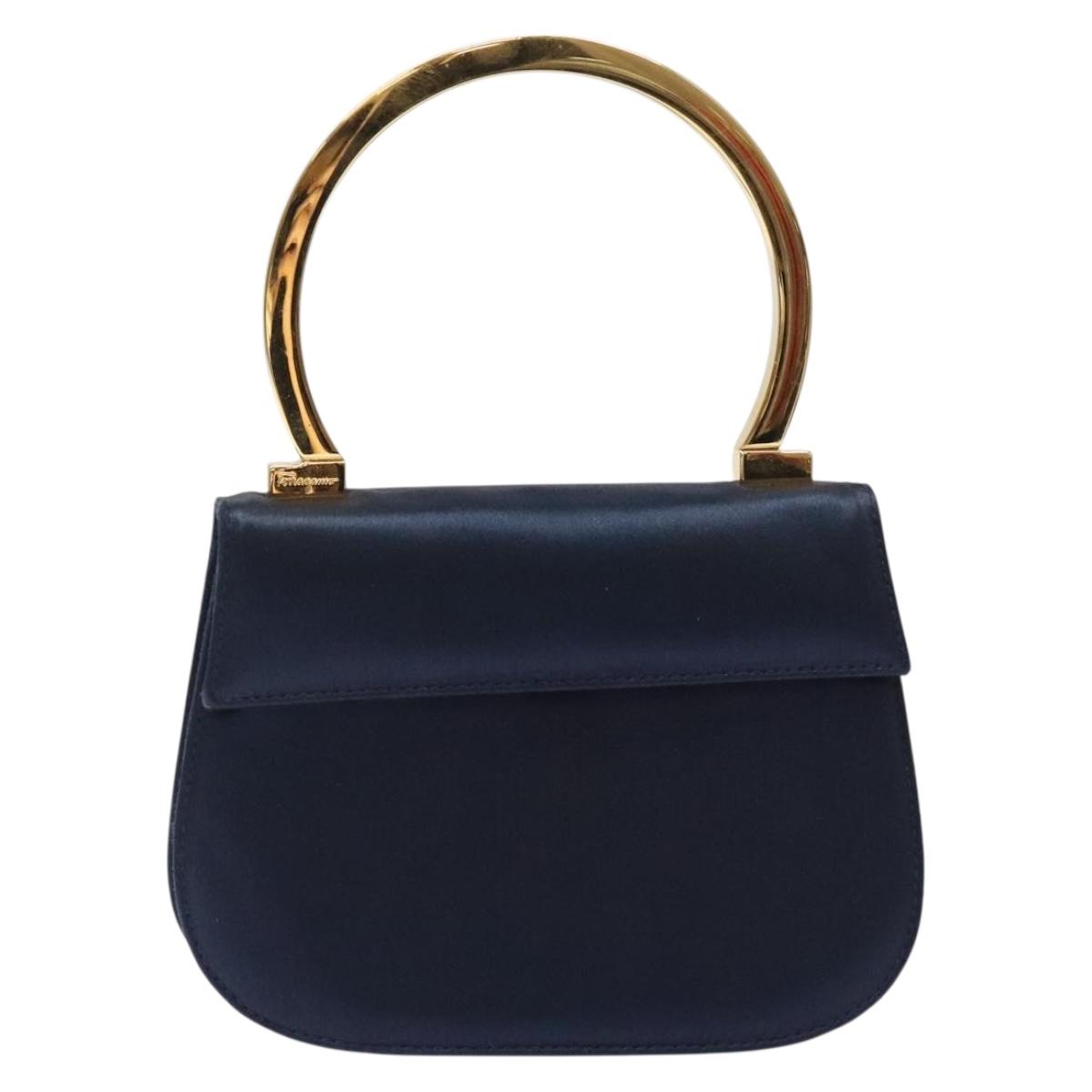 Salvatore Ferragamo Gancini Hand Bag Satin Navy Gold Auth 134768