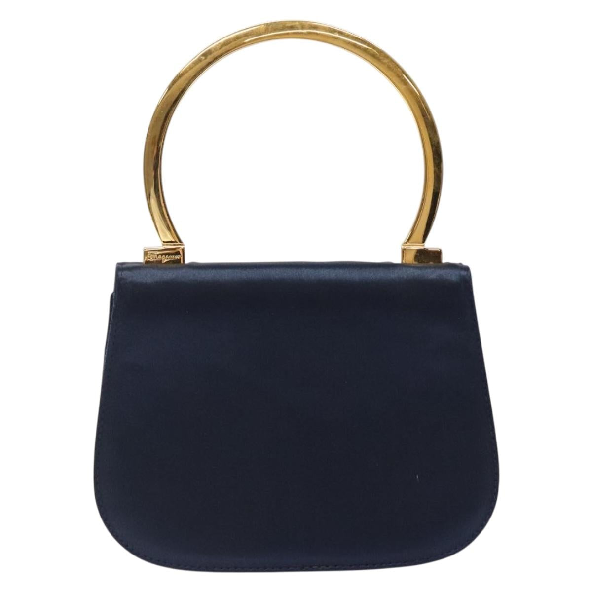 Salvatore Ferragamo Gancini Hand Bag Satin Navy Gold Auth 134768