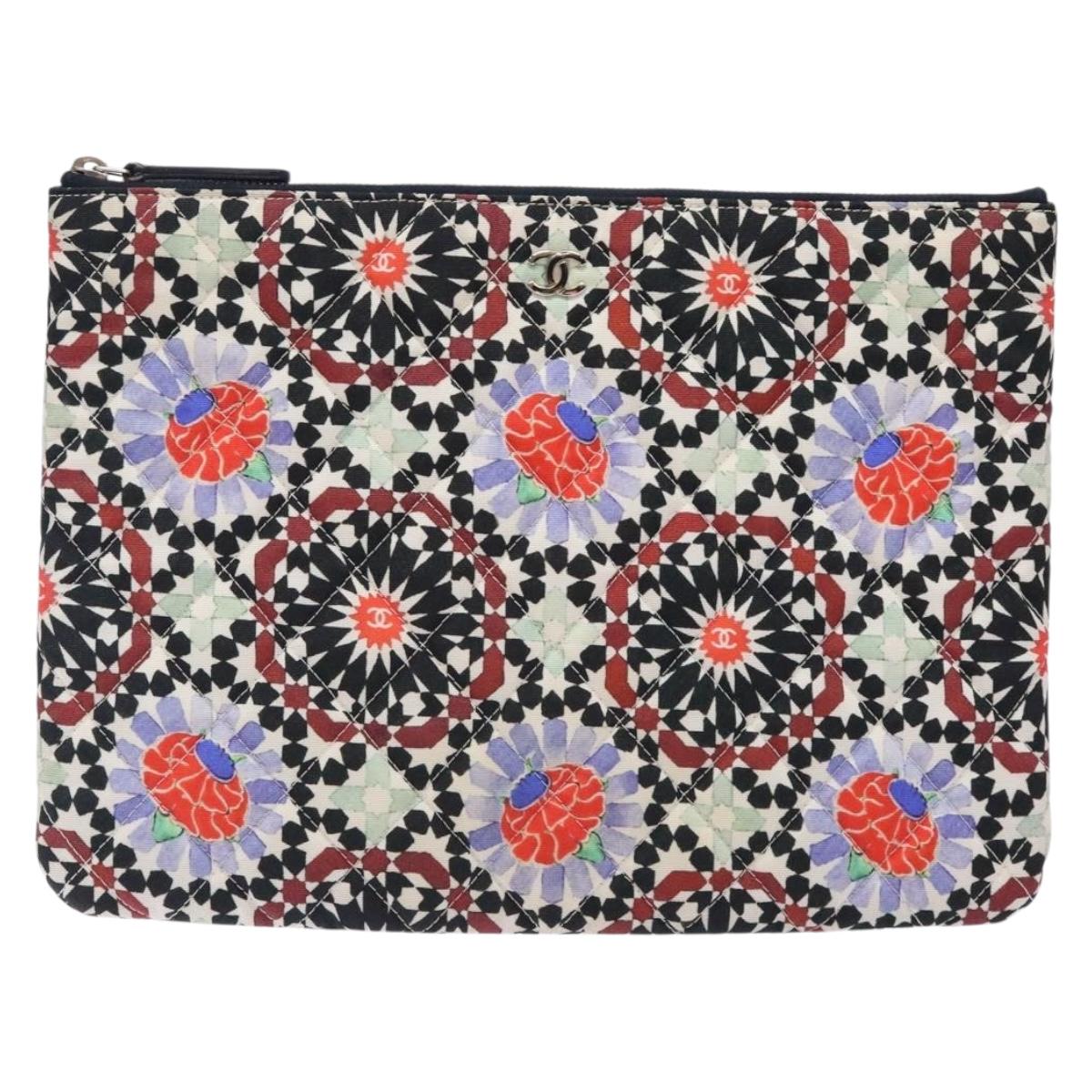 CHANEL Matelasse Clutch Bag Nylon Multicolor Silver CC Auth 134823
