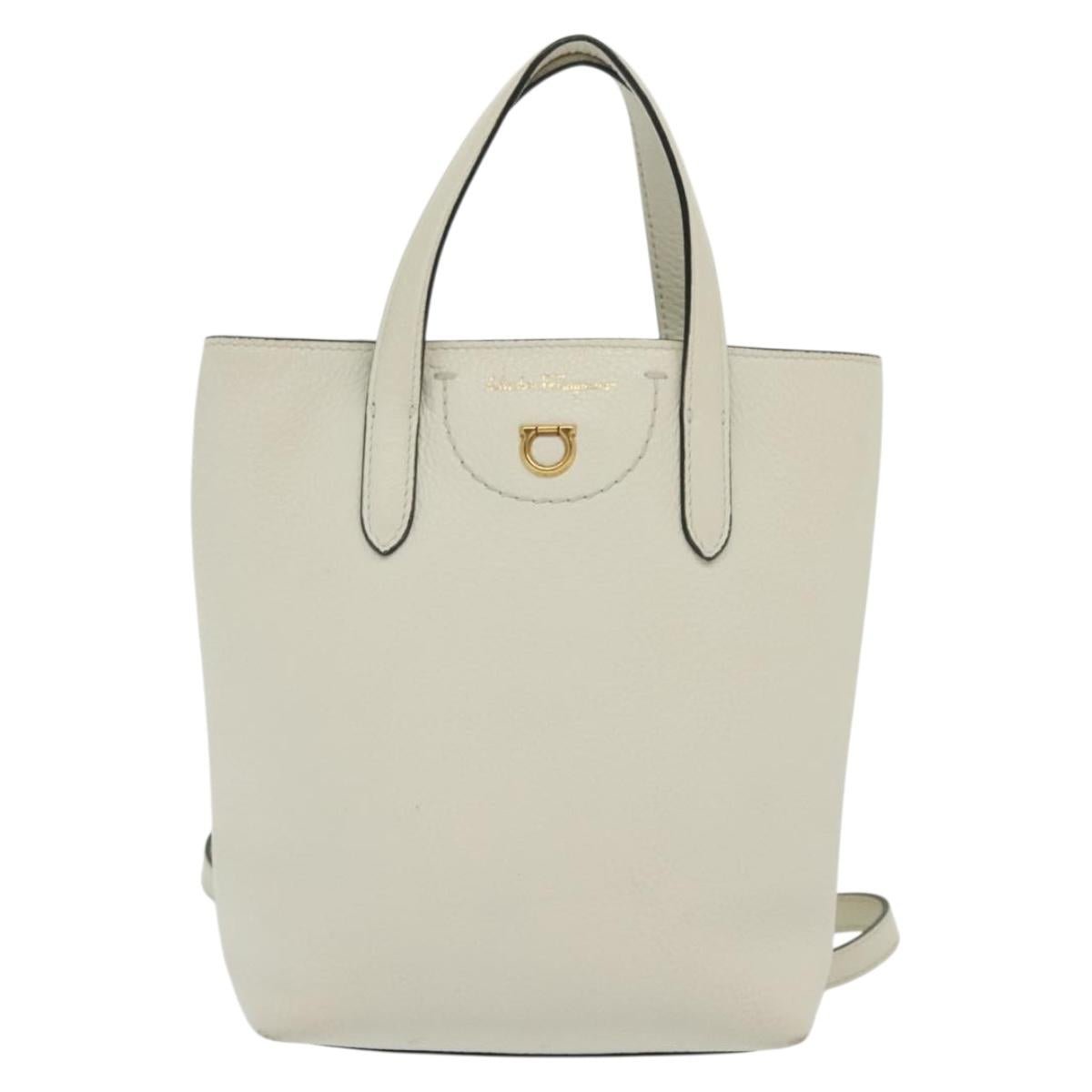 Salvatore Ferragamo Gancini Hand Bag Leather 2way White Gold Auth 134826