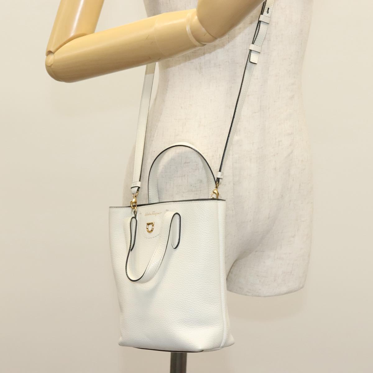 Salvatore Ferragamo Gancini Hand Bag Leather 2way White Gold Auth 134826