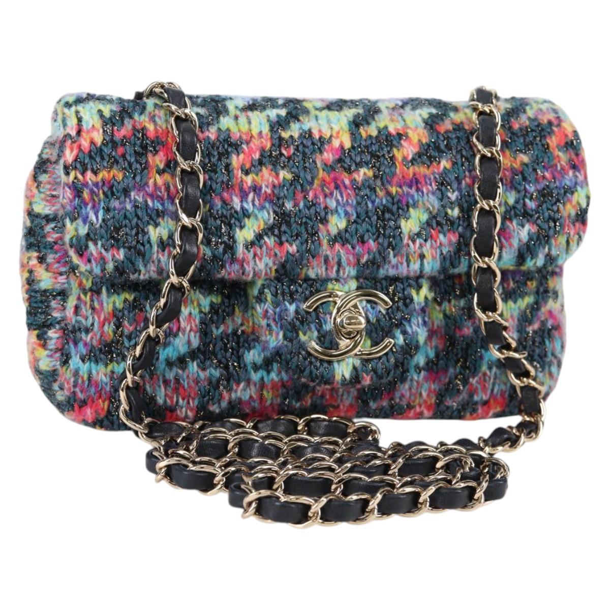CHANEL Chain Shoulder Bag Tweed Blue Gold CC Auth 134856SM