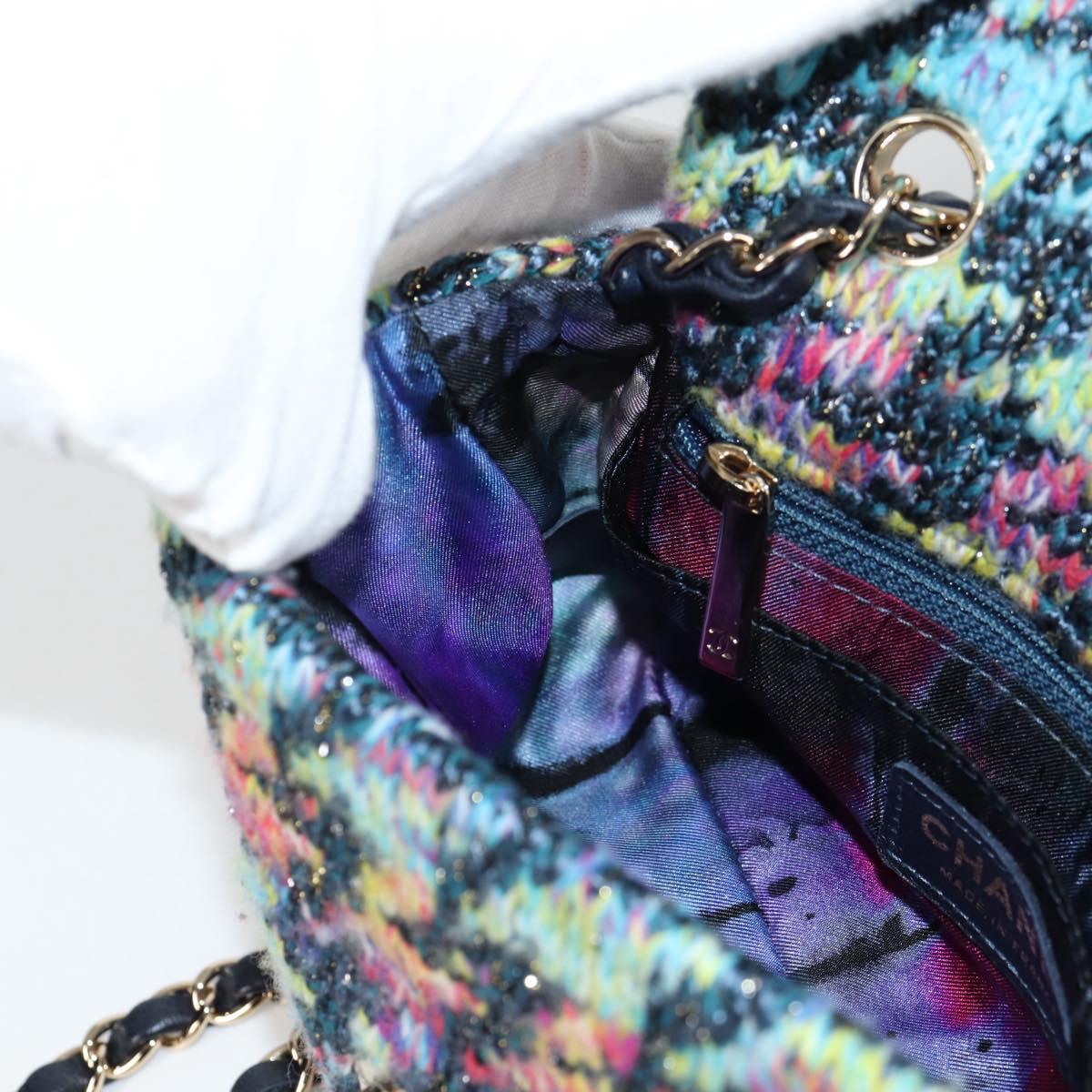 CHANEL Chain Shoulder Bag Tweed Blue Gold CC Auth 134856SM