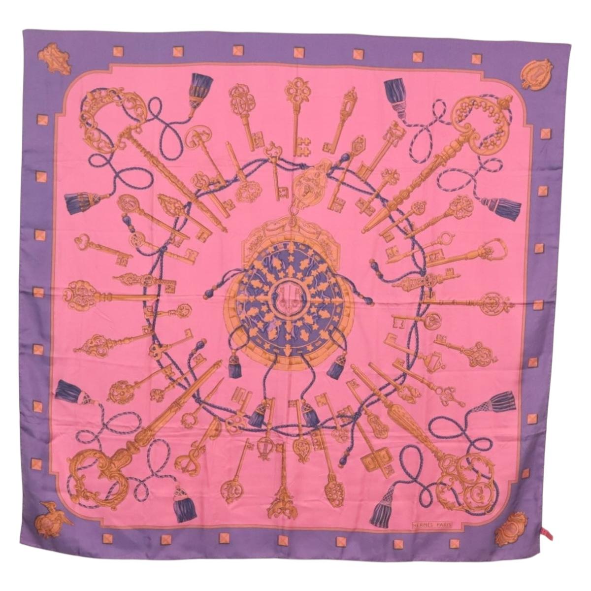 HERMES Carre 140 Scarf ""LES CLES"" Silk Purple Auth 134914M