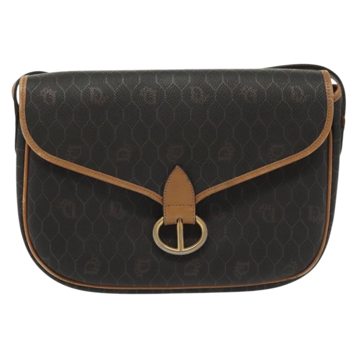 Christian Dior Honeycomb Canvas Shoulder Bag PVC Black Gold Auth 135069