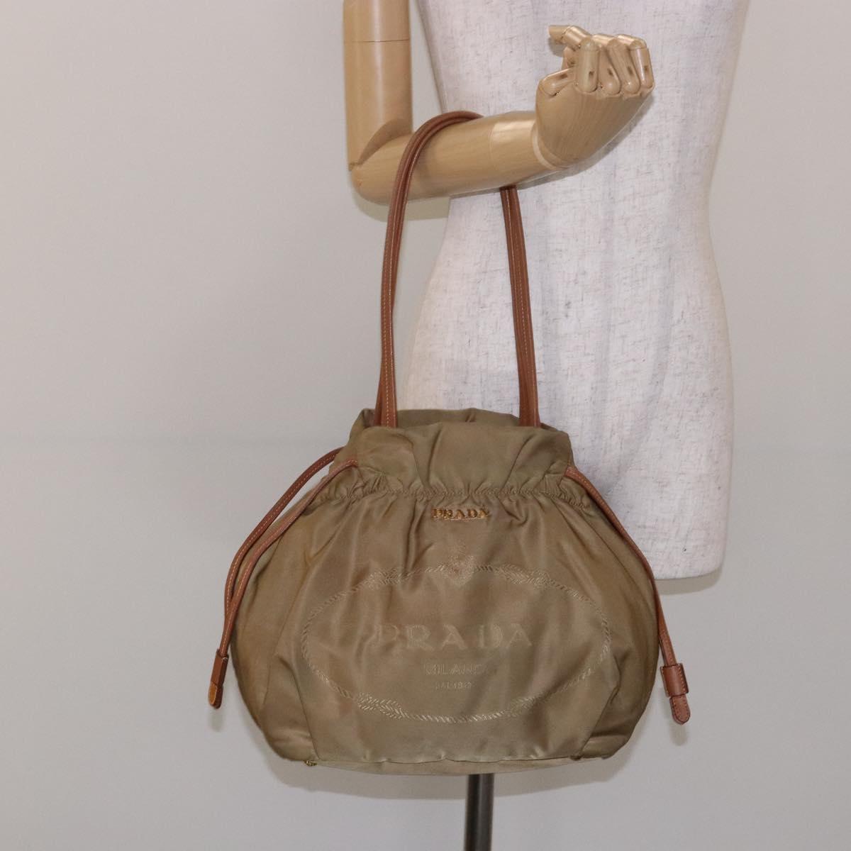 PRADA Hand Bag Nylon Beige Gold Auth 135148