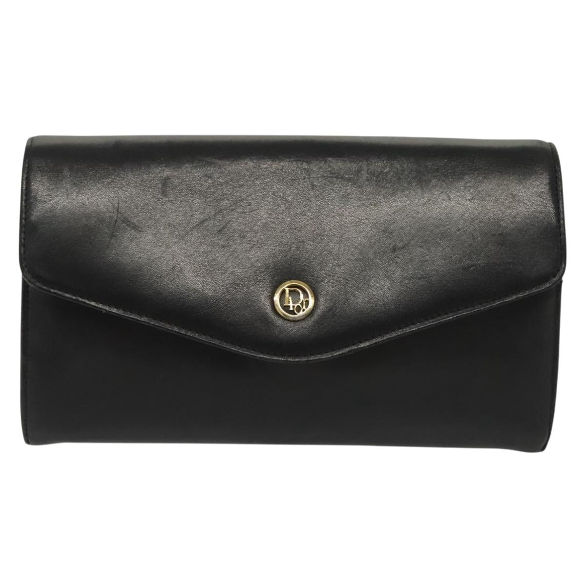 Christian Dior Chain Shoulder Bag Leather Black Gold Auth 135164