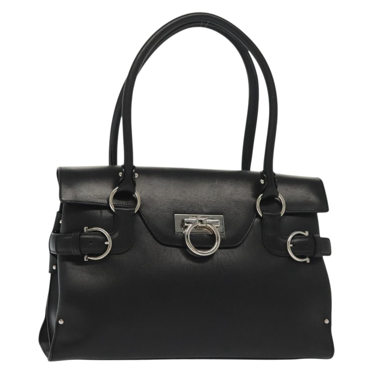 Salvatore Ferragamo Gancini Hand Bag Leather Black Silver Auth 135182