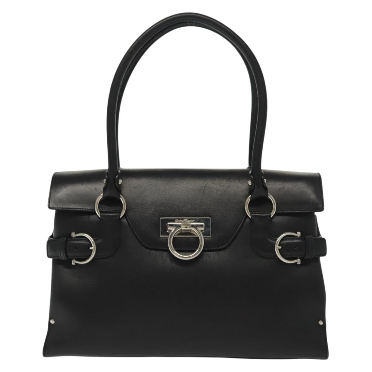 Salvatore Ferragamo Gancini Hand Bag Leather Black Silver Auth 135182