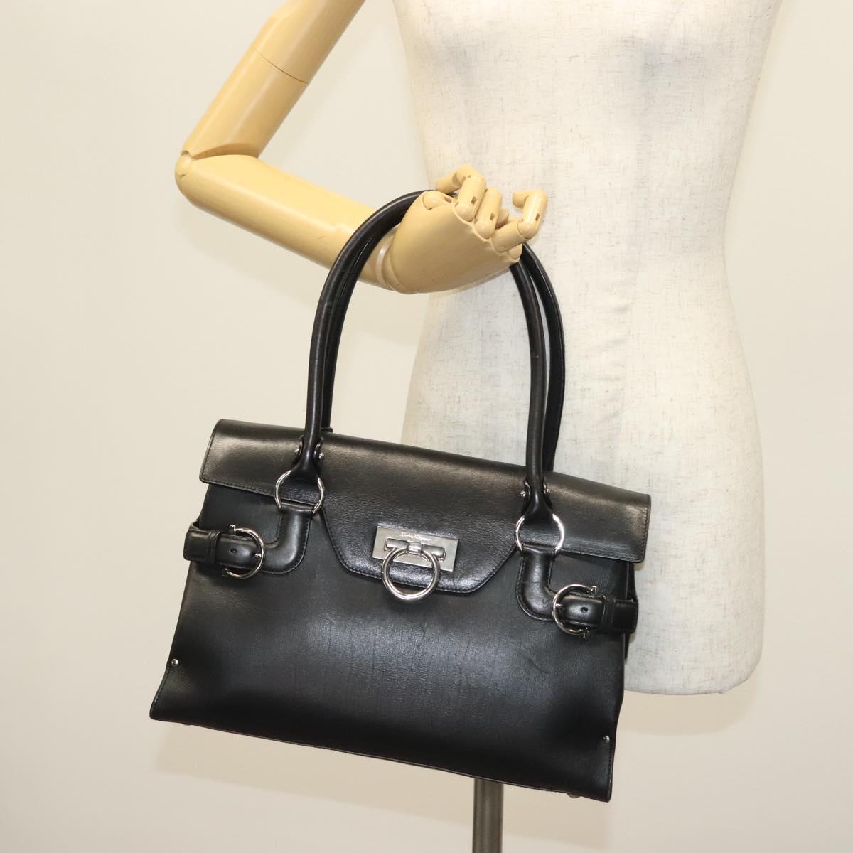 Salvatore Ferragamo Gancini Hand Bag Leather Black Silver Auth 135182