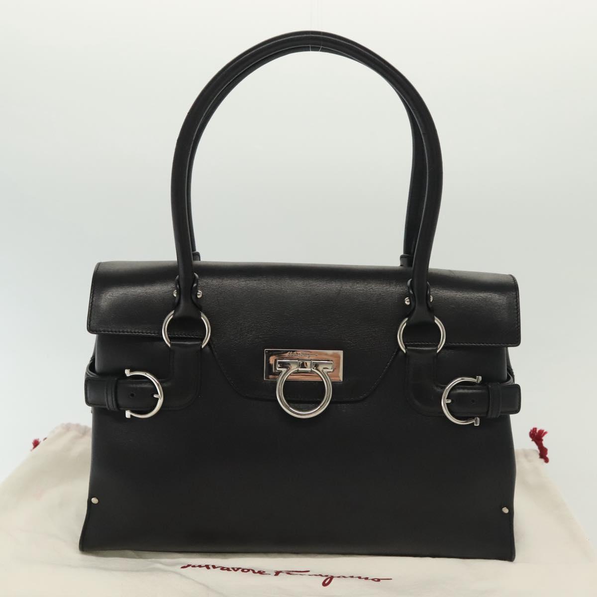 Salvatore Ferragamo Gancini Hand Bag Leather Black Silver Auth 135182