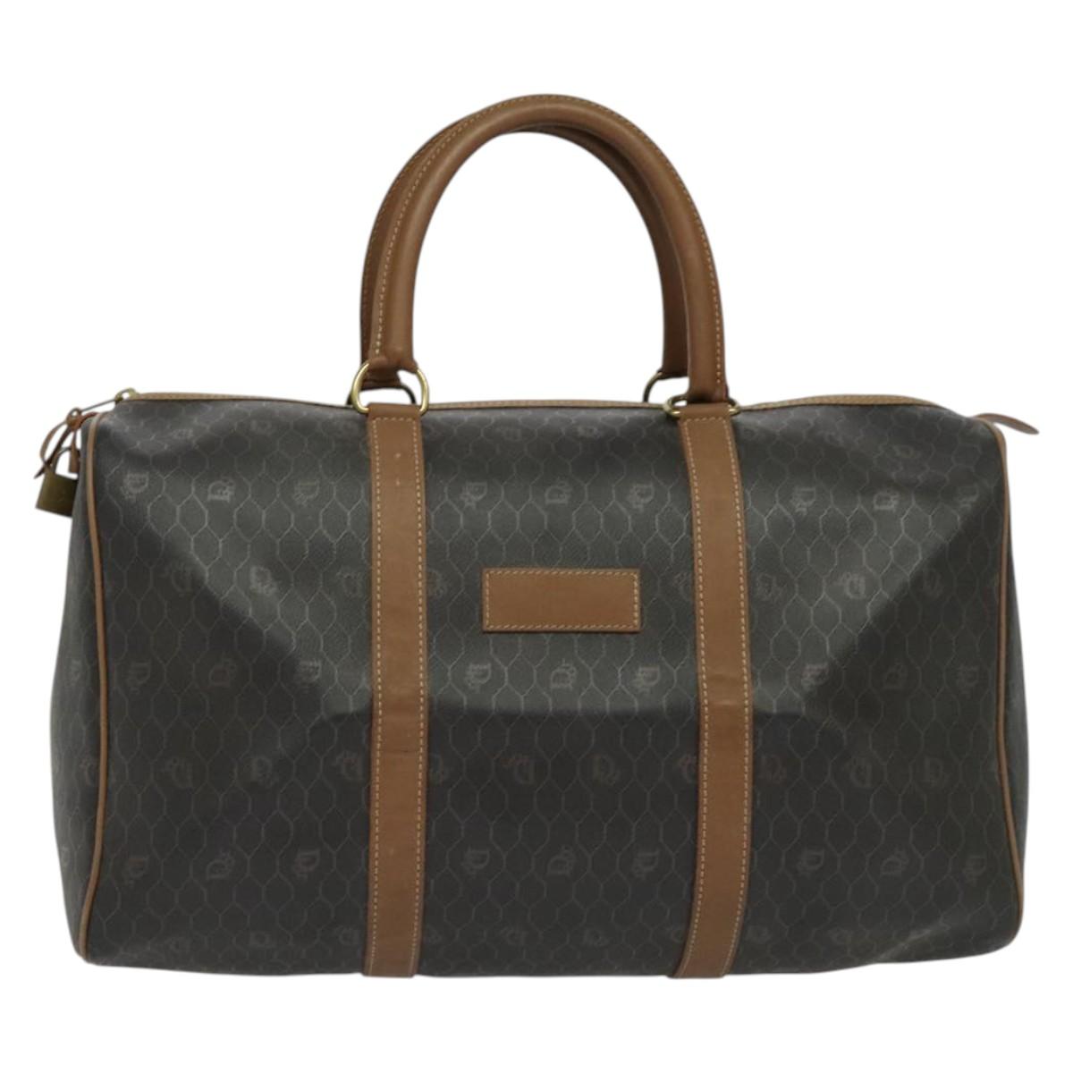 Christian Dior Honeycomb Canvas Boston Bag PVC Black Gold Auth 135192