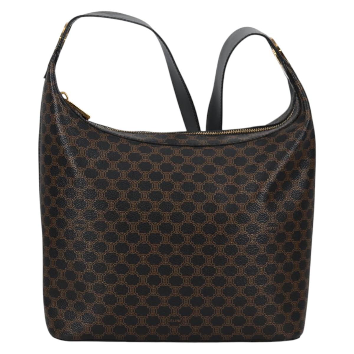 CELINE Macadam Canvas Shoulder Bag PVC Leather Black Gold Auth 135205V