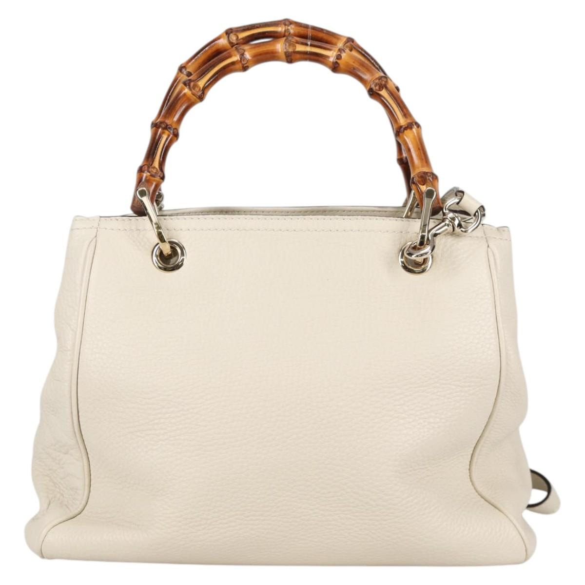 GUCCI Bamboo Hand Bag Leather 2way White Gold 336032 Auth 135213V
