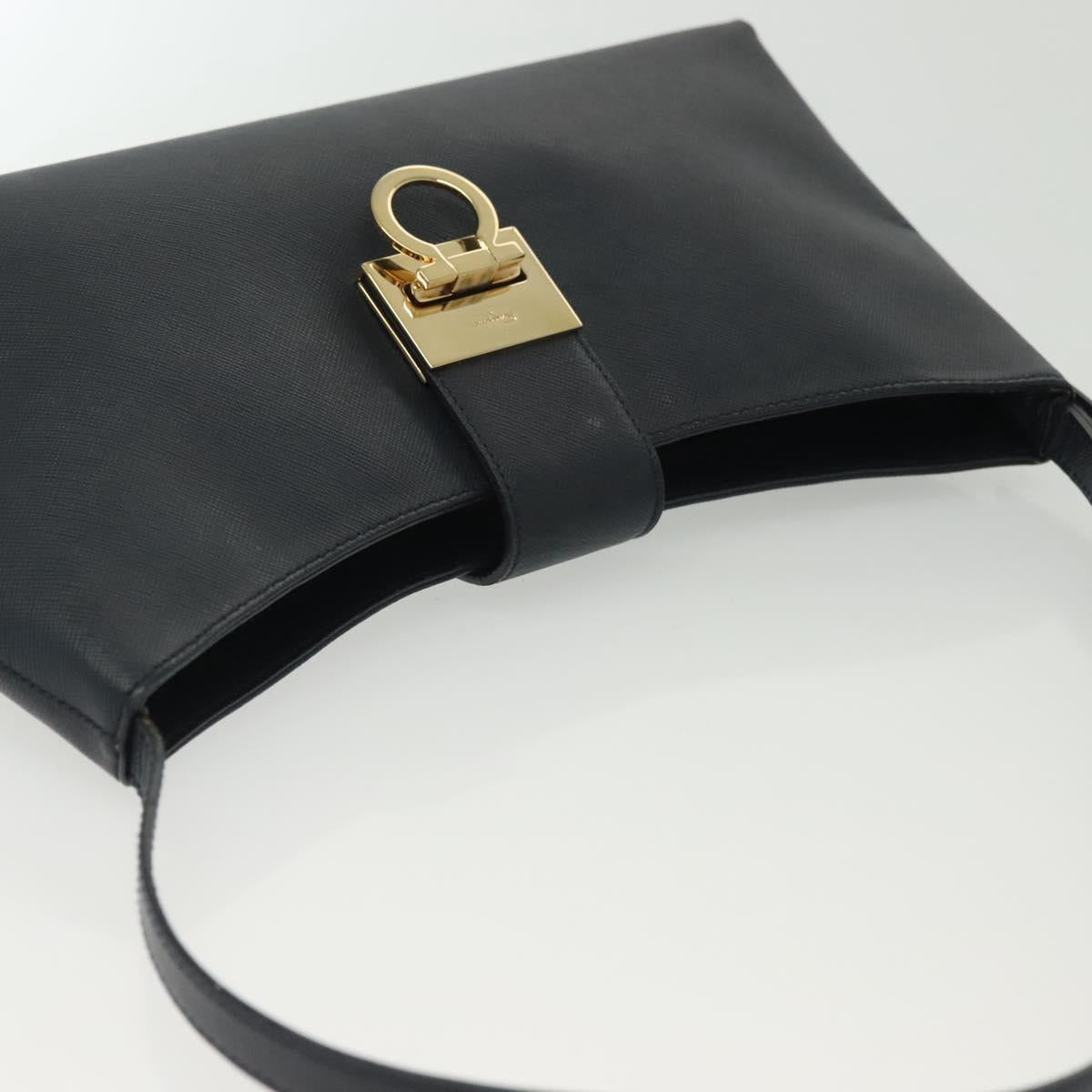 Salvatore Ferragamo Gancini Hand Bag Leather Navy Gold Auth 135232