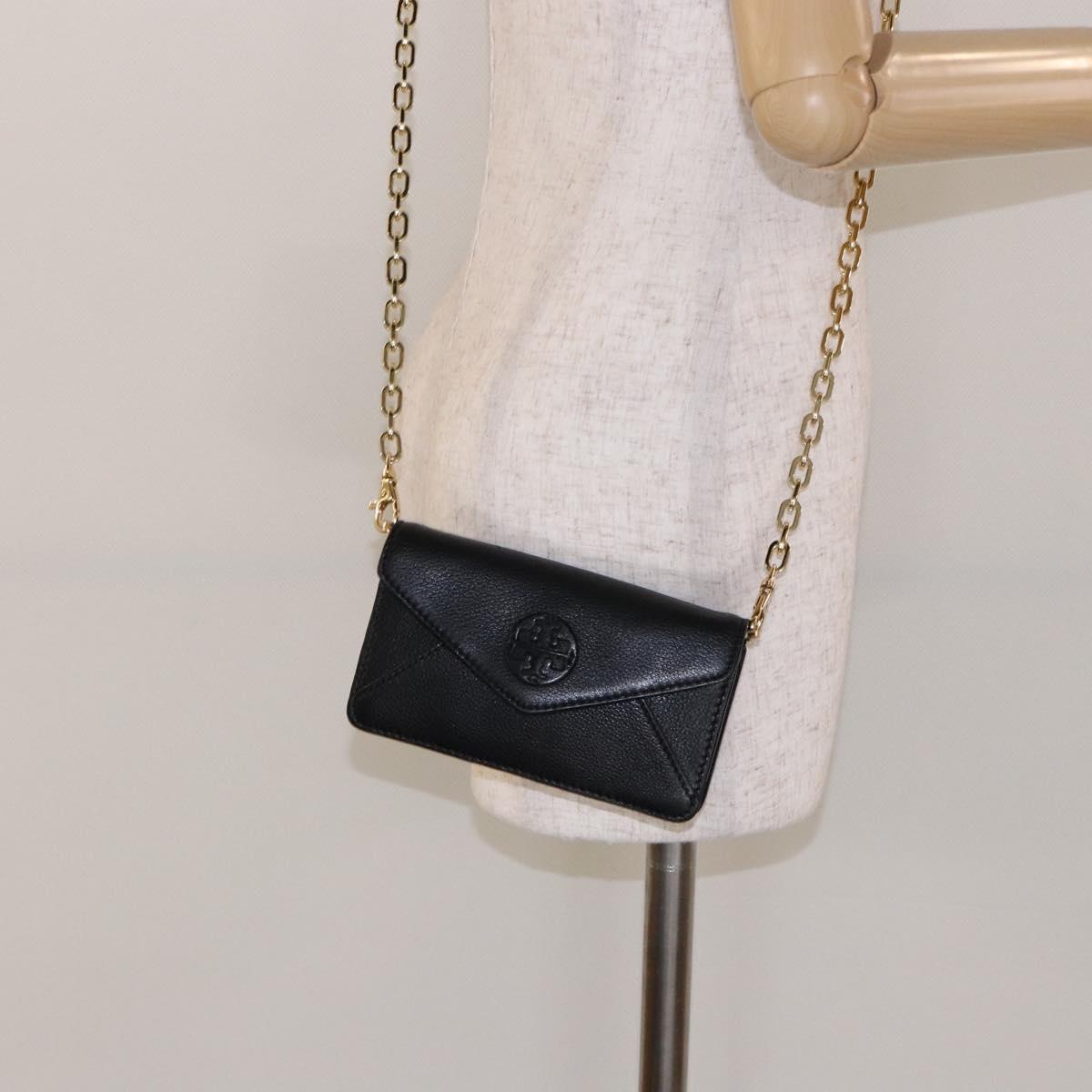 TORY BURCH Chain Shoulder Bag Leather Black Gold Auth 135263
