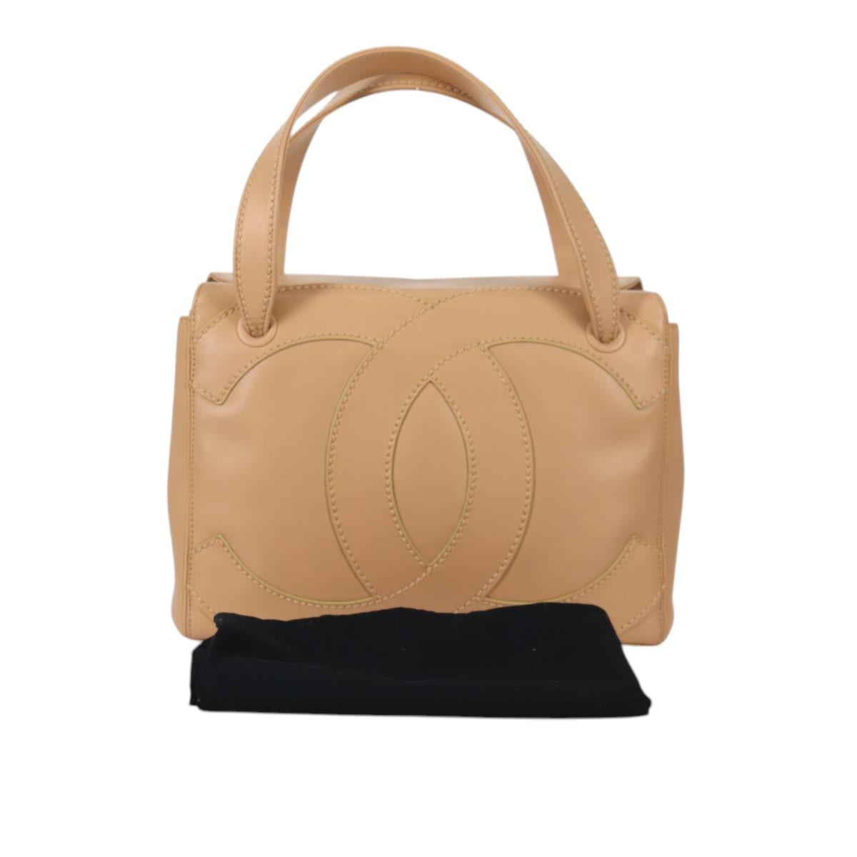CHANEL Hand Bag Lamb Skin Beige Gold CC Auth 135275V