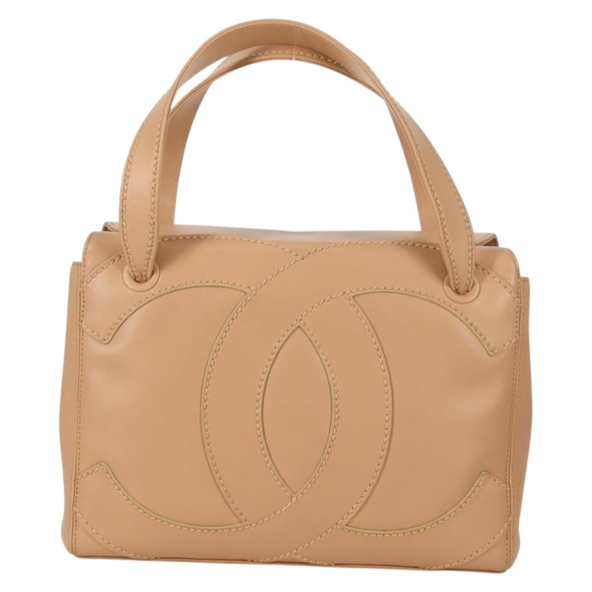 CHANEL Hand Bag Lamb Skin Beige Gold CC Auth 135275V