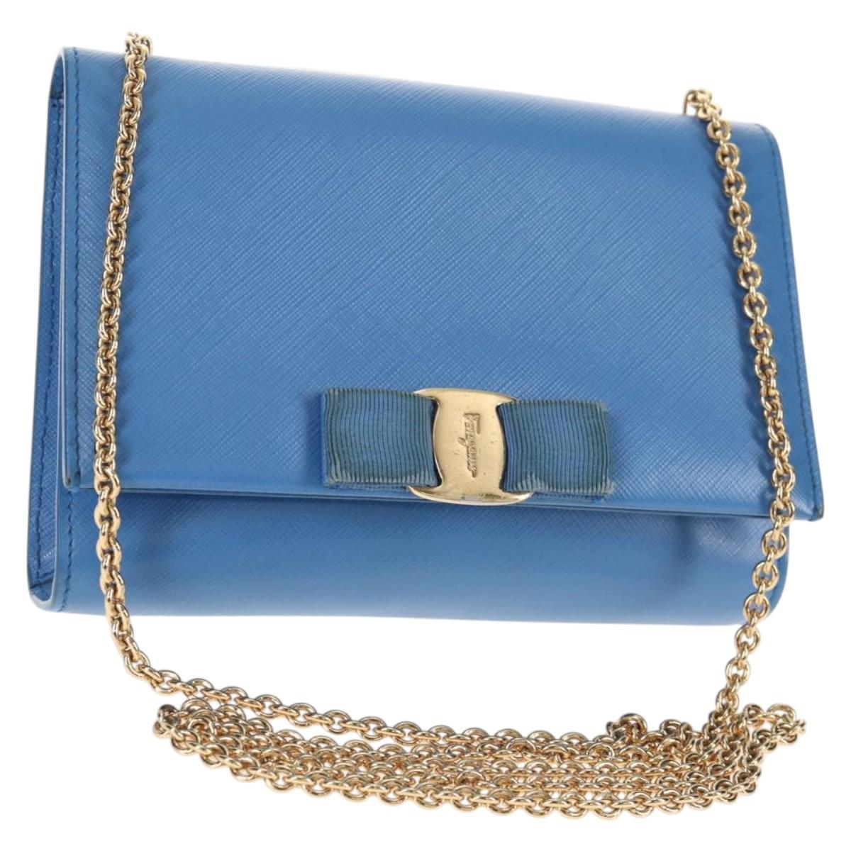 Salvatore Ferragamo Chain Shoulder Bag Leather Gold Light Blue Auth 135286