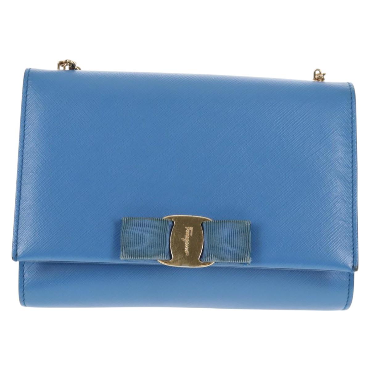 Salvatore Ferragamo Chain Shoulder Bag Leather Gold Light Blue Auth 135286