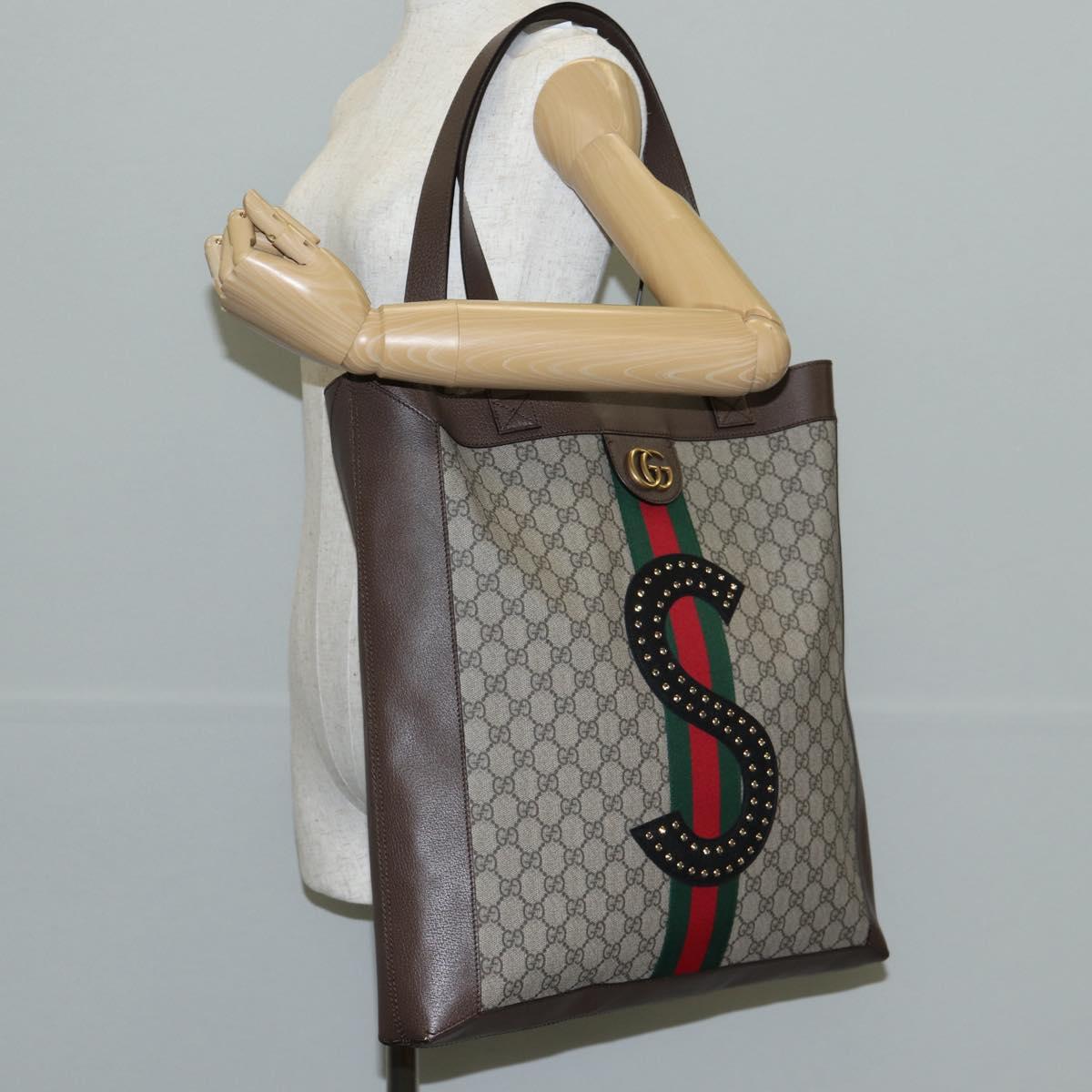 GUCCI GG Supreme Web Sherry Line Tote Bag PVC Beige Gold Red Auth 135289SAM