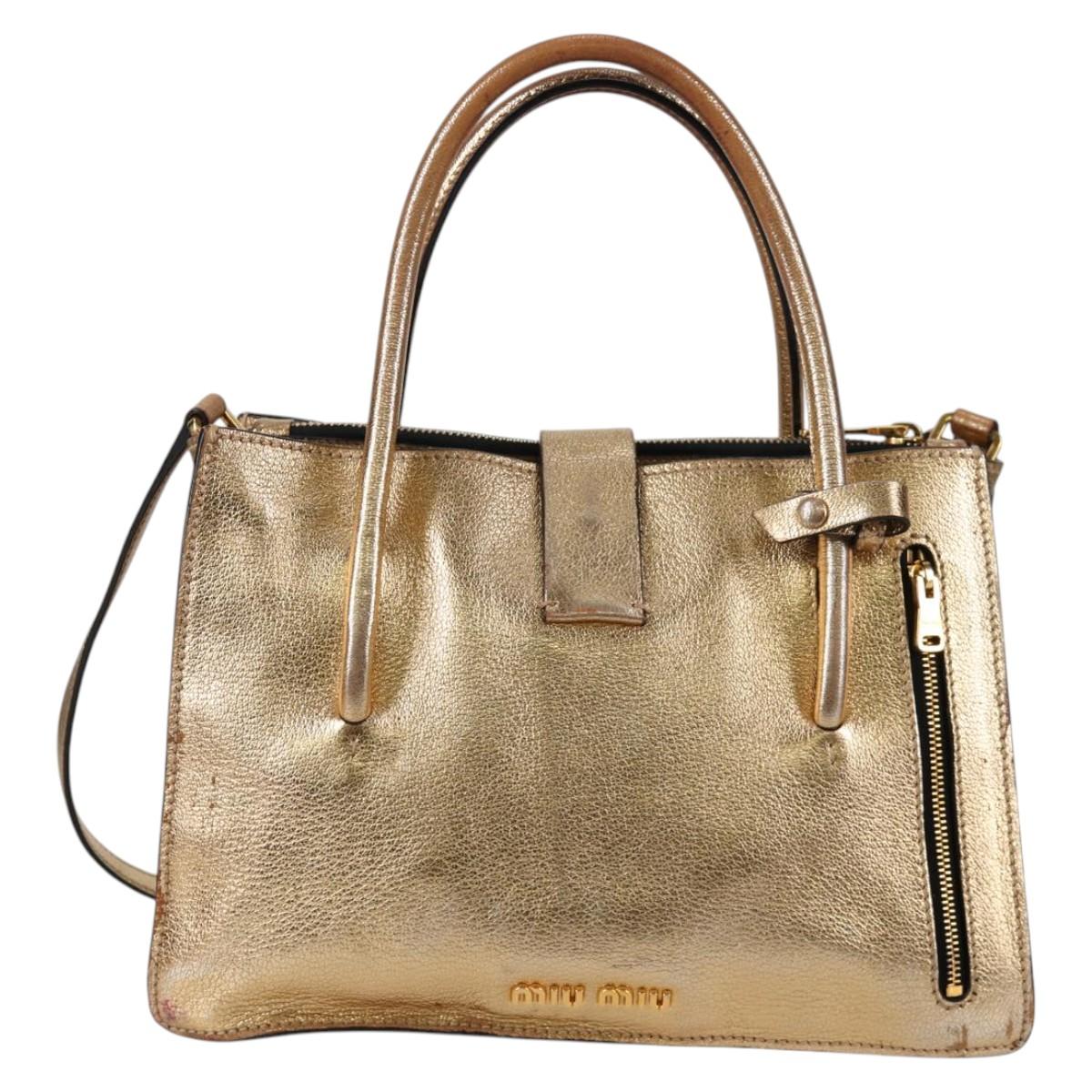 Miu Miu Hand Bag Leather 2way Gold Auth 135307