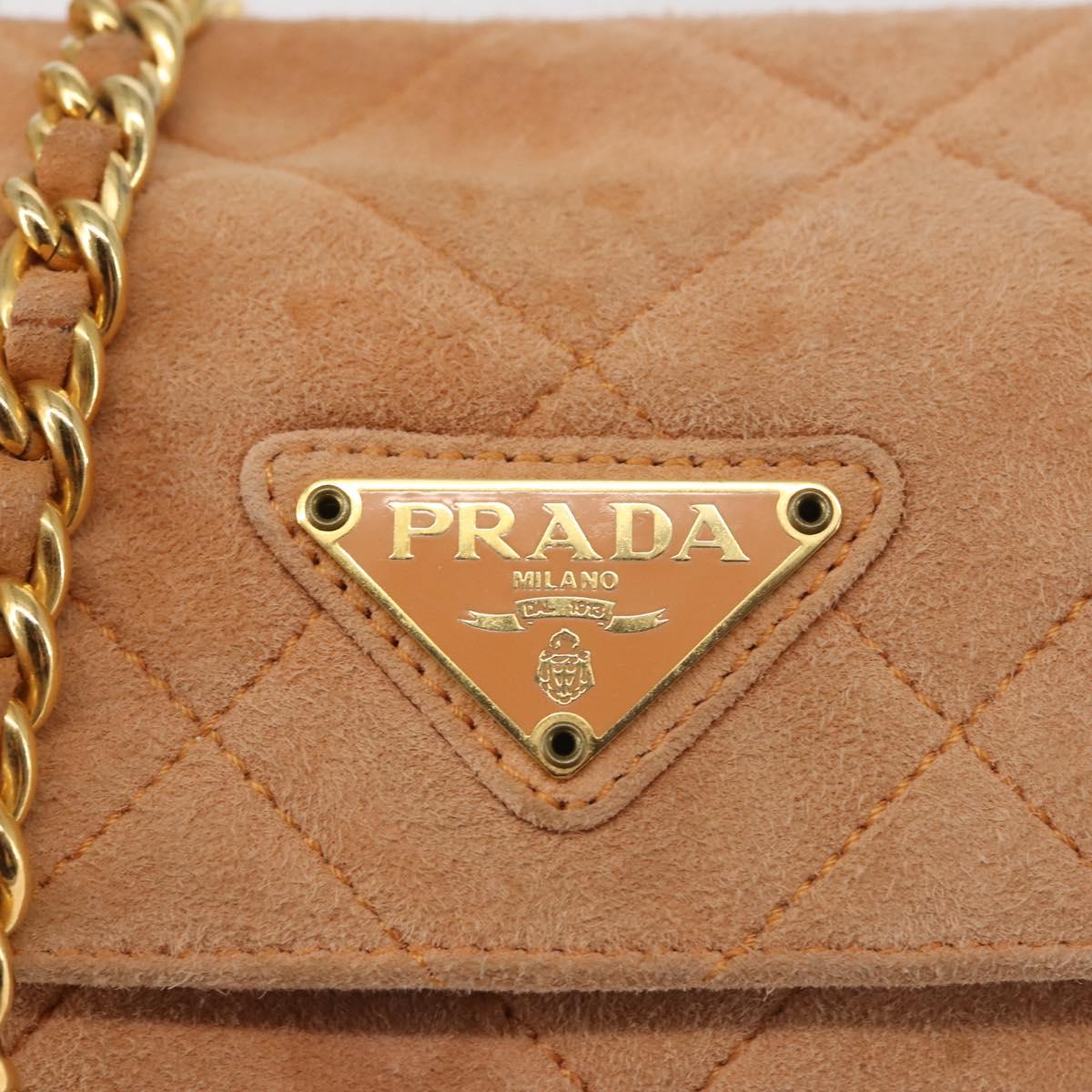 PRADA Chain Shoulder Bag Suede Beige Gold Auth 135314