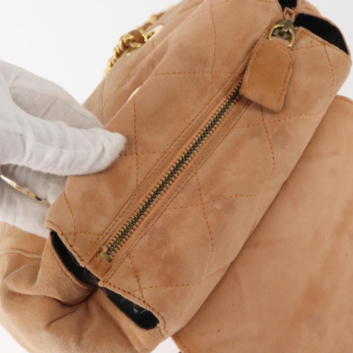 PRADA Chain Shoulder Bag Suede Beige Gold Auth 135314