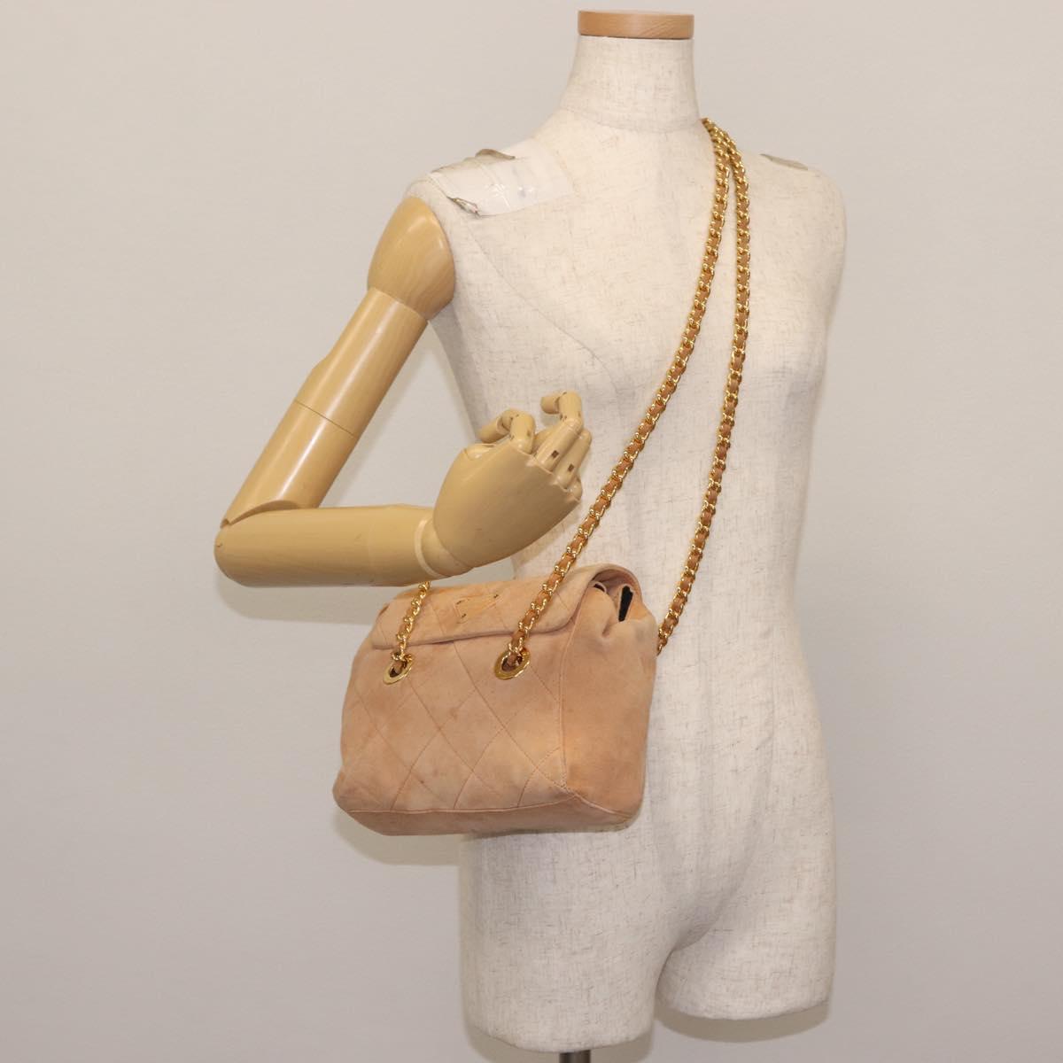 PRADA Chain Shoulder Bag Suede Beige Gold Auth 135314