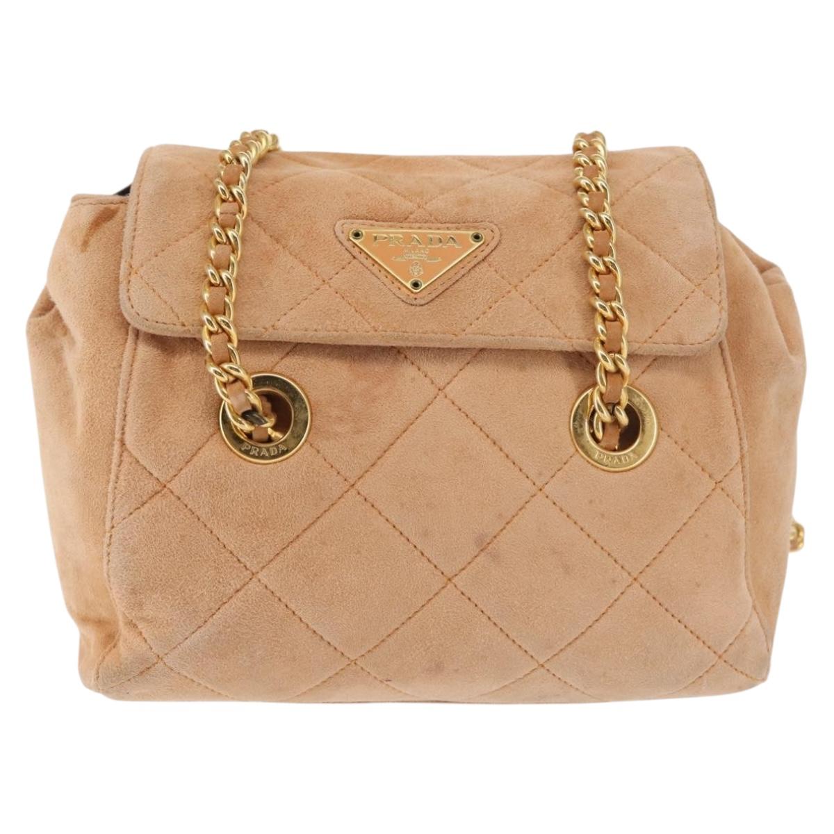 PRADA Chain Shoulder Bag Suede Beige Gold Auth 135314