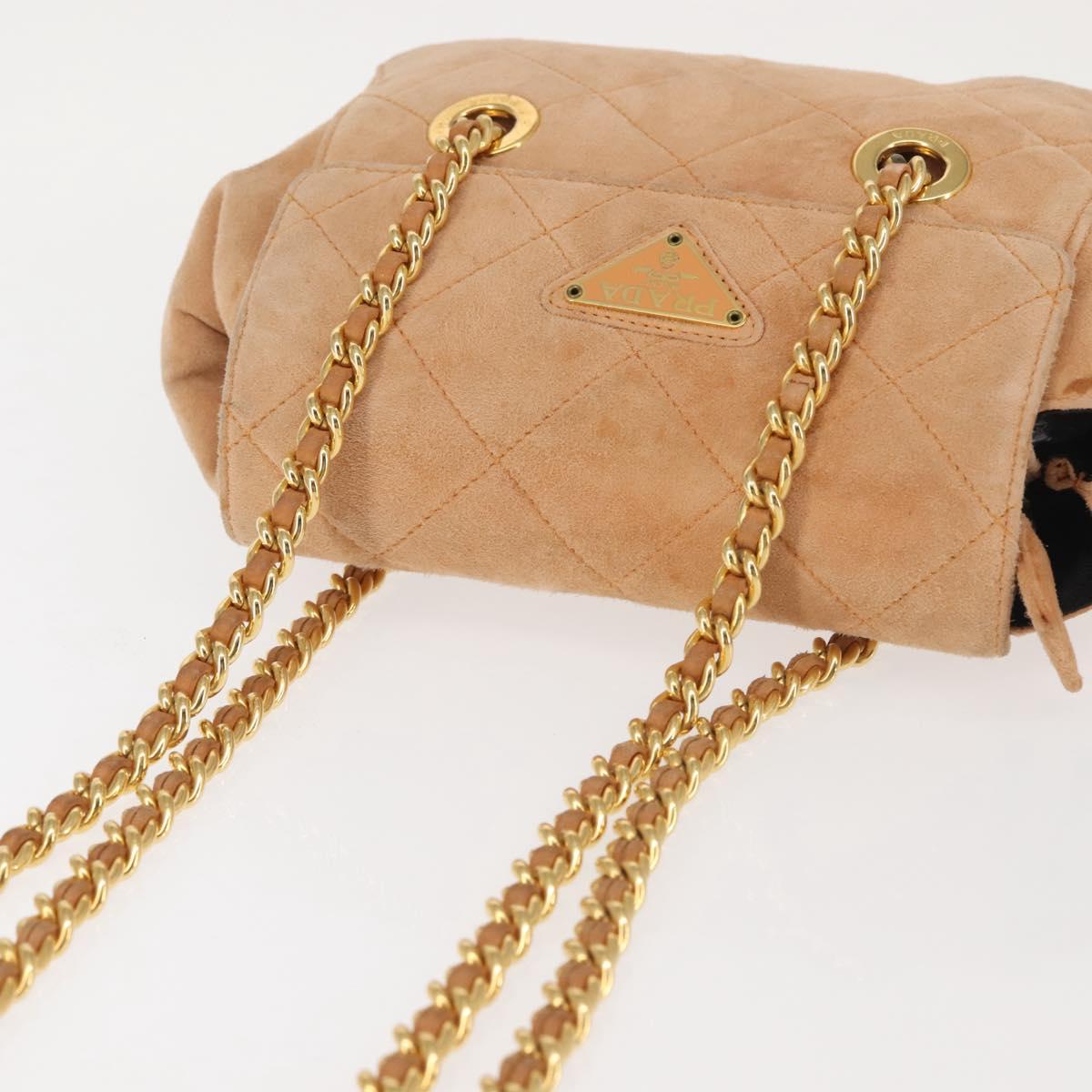 PRADA Chain Shoulder Bag Suede Beige Gold Auth 135314