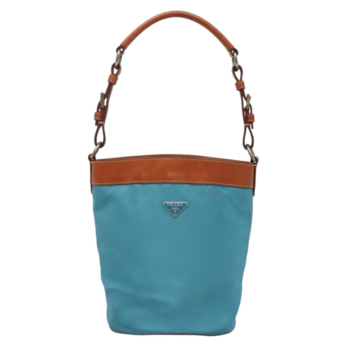 PRADA Shoulder Bag Nylon Leather Silver Blue Auth 135381
