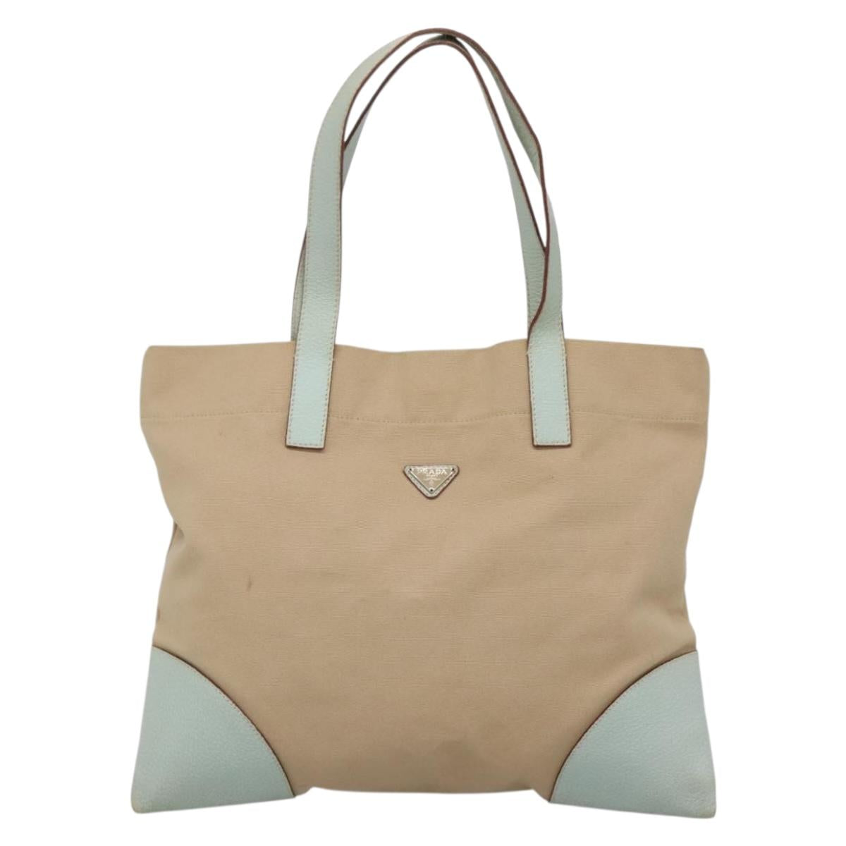 PRADA Tote Bag Canvas Beige Silver Auth 135383