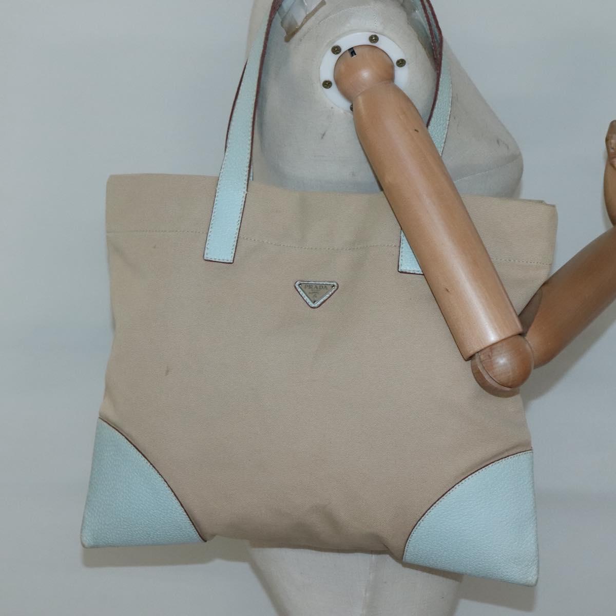 PRADA Tote Bag Canvas Beige Silver Auth 135383